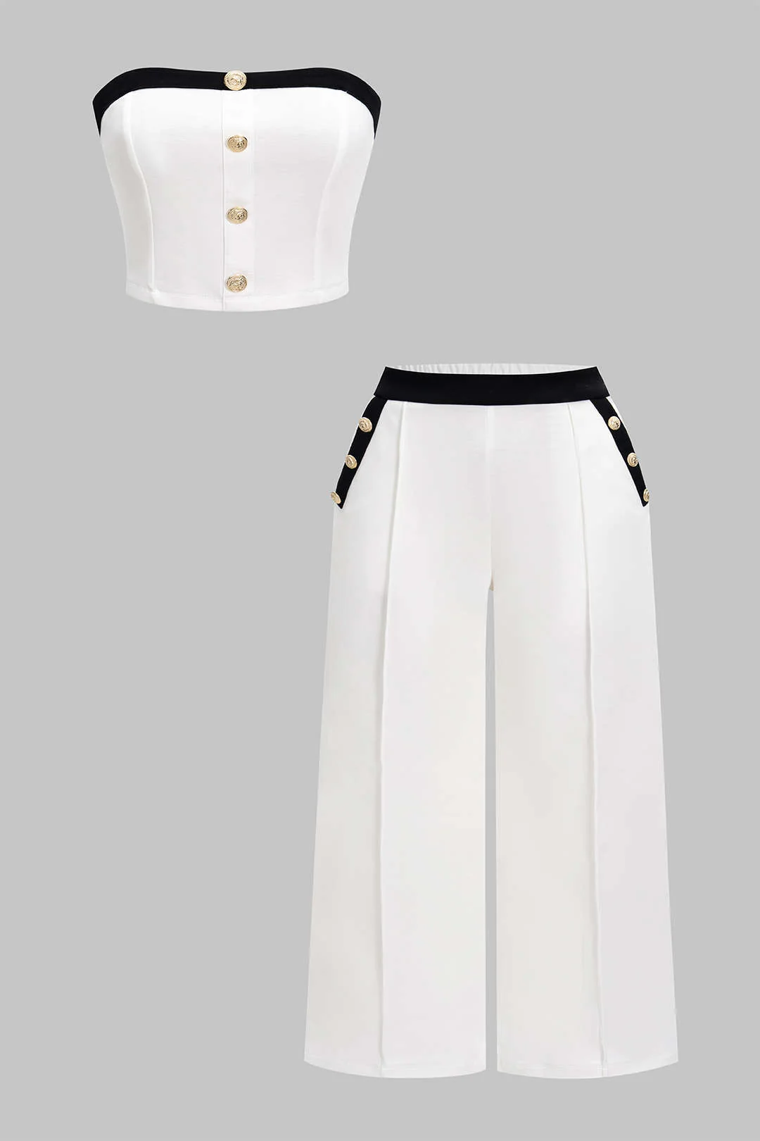 Plus Size Contrast Button Tube Top And High Waist Wide Leg Trousers Set