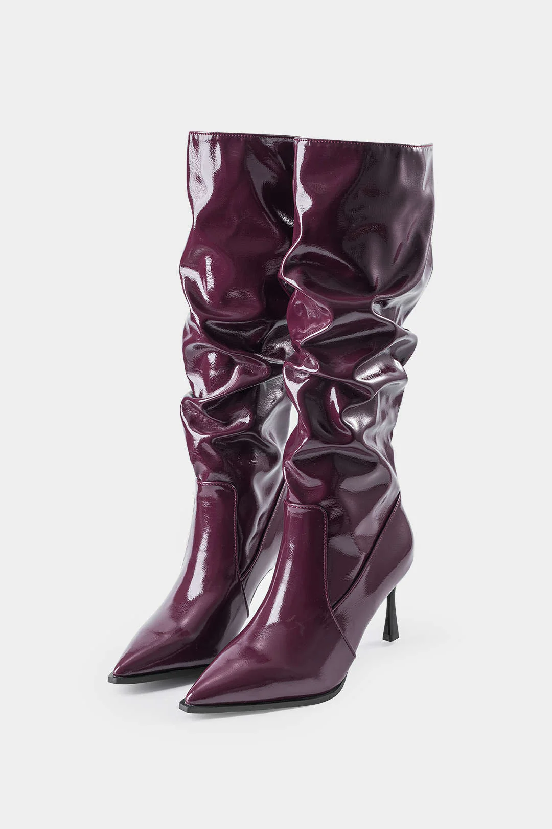 Faux Leather Ruched Pointed Toe Knee-High Boots
