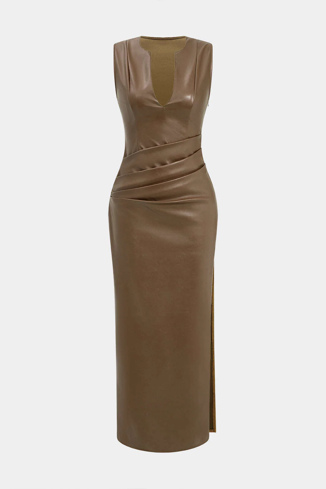 Faux Leather V-neck Ruched Long Dress
