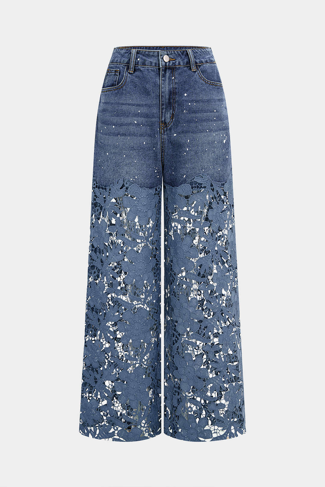 Lace Cut-Out Patchwork Wide-Leg Denim Jeans