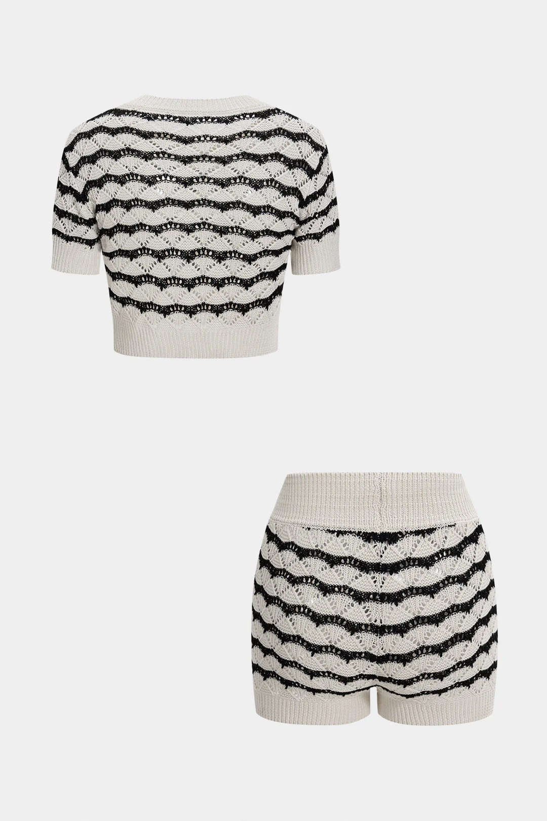 Knit Striped Contrast Print Cut-Out Short Sleeve Top and Shorts Set