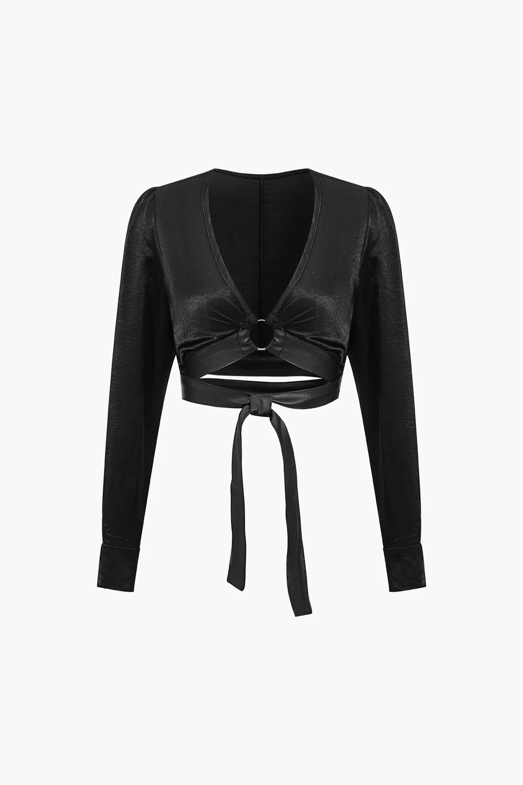 Solid  Faux Leather Tie-Up Long-Sleeve Shirt