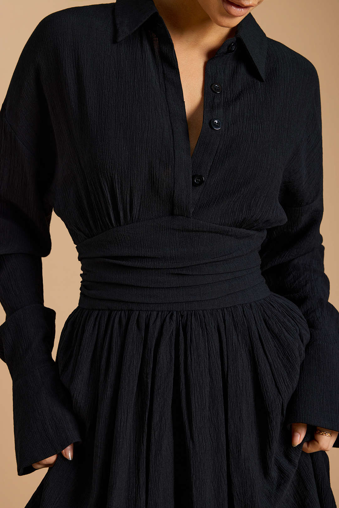 Button-Ruched Long-Sleeve Mini Dress