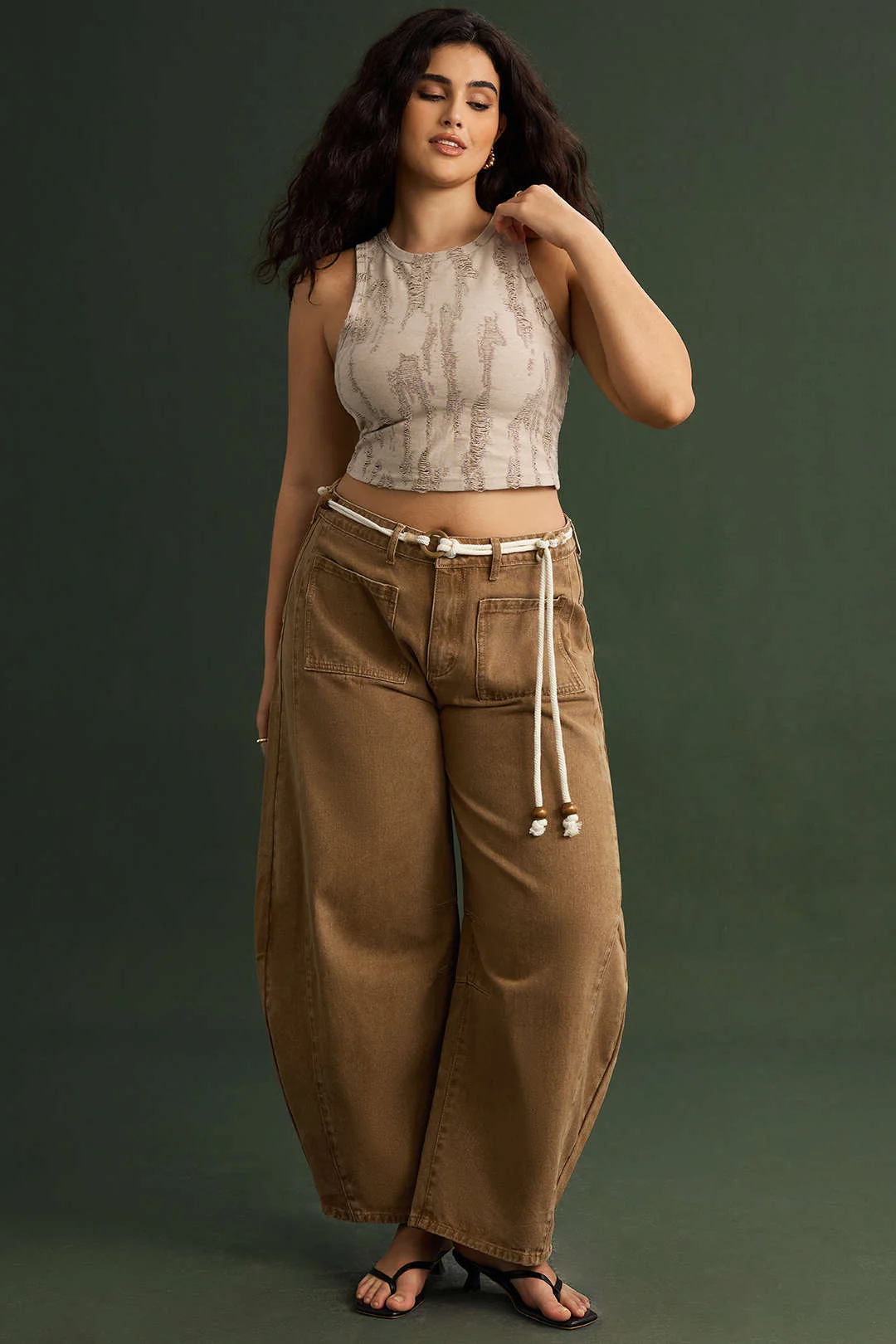 Plus Size Low Waist Beaded Belted Denim Jeans