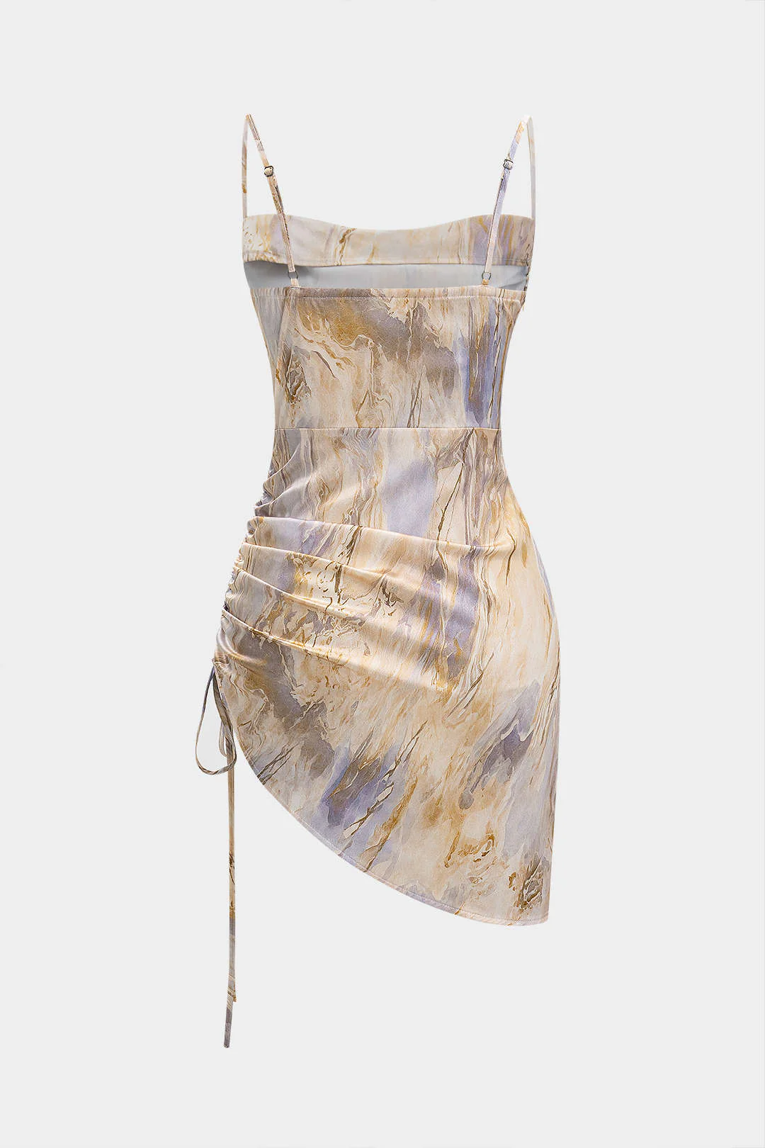Marble Print Satin Ruched Drawstring Asymmetrical Sleeveless Mini Dress