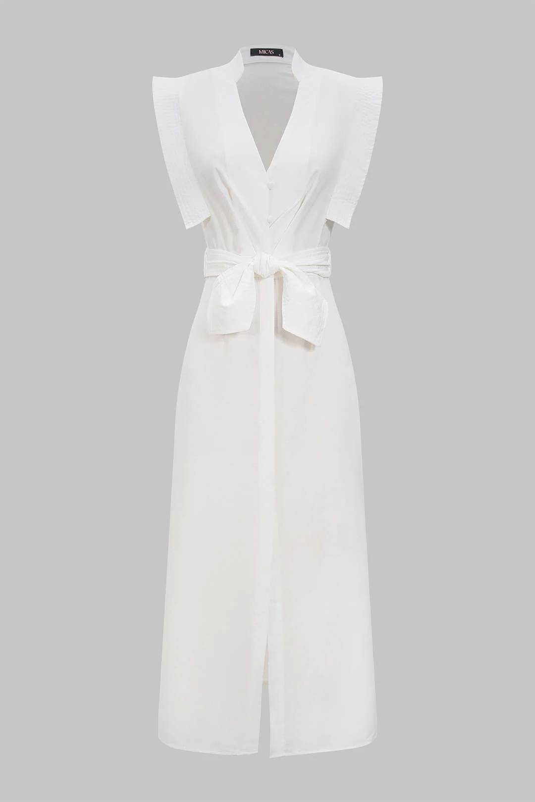 Linen Flutter Sleeve V-Neck Tie-Front Slit Maxi Dress