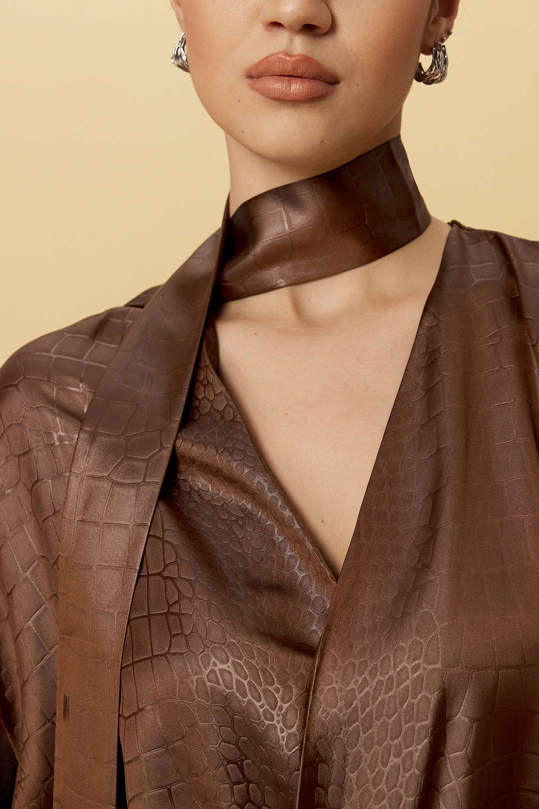 Satin-textured Ruched Long-sleeved Top with Scarf