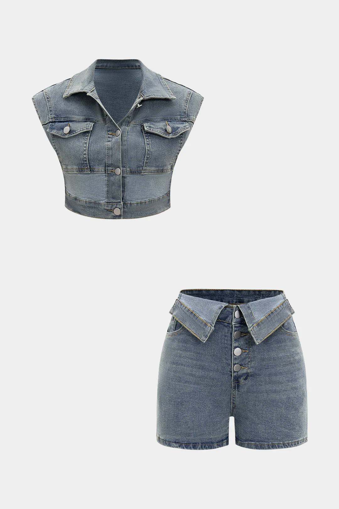 Denim Button Vest And Shorts Set