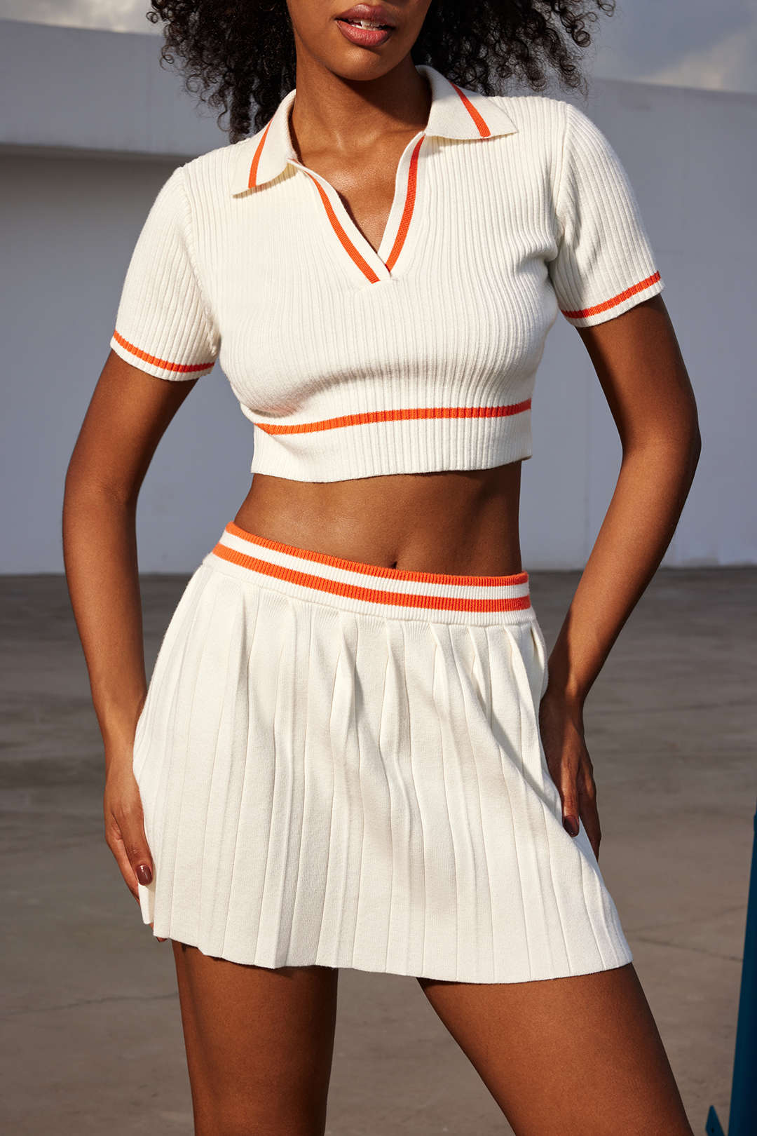 Ribbed Knit Polo Top and Pleated Skirt Combo