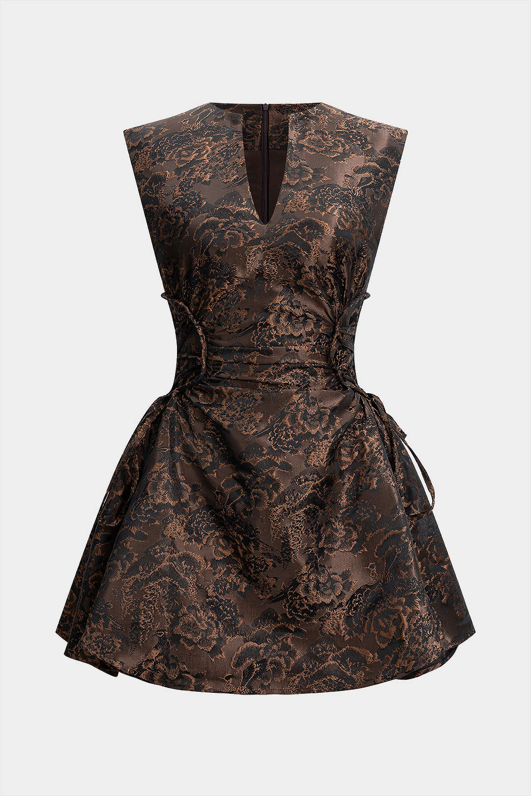 Jacquard Ruched Drawstring V-Neck Zipper Sleeveless Mini Dress