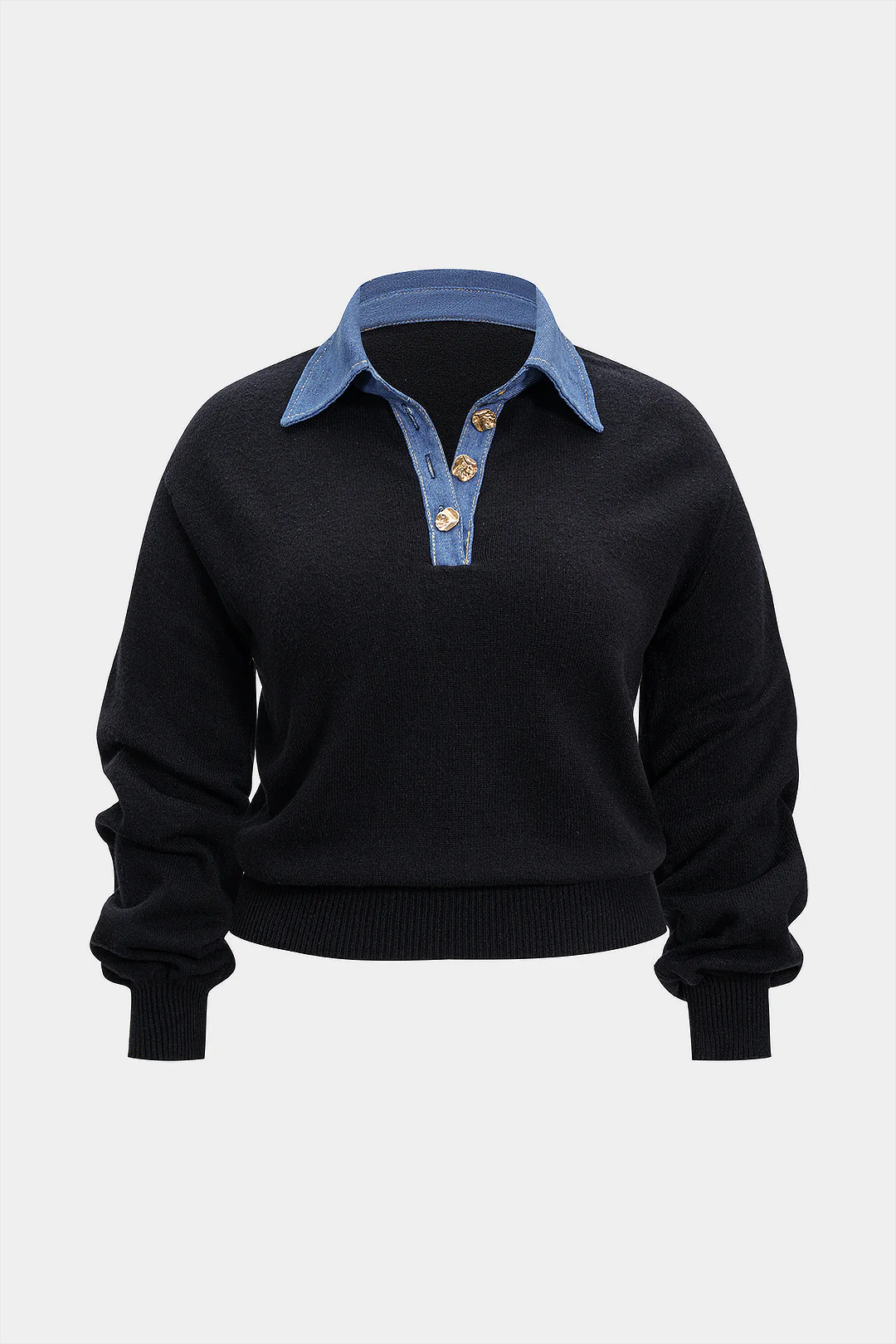 Plus Size Knit Metallic Button Patchwork Long-Sleeve Top