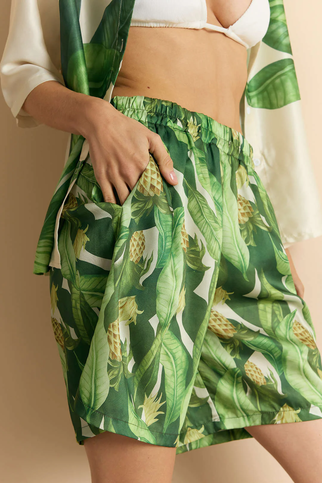 Leaves Print Satin Shirred Shorts