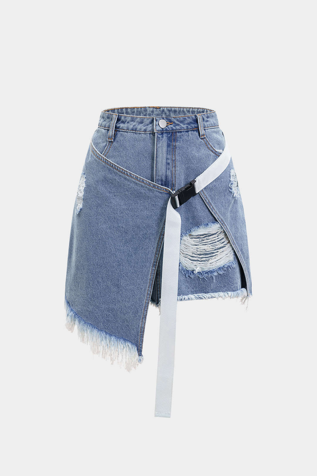 Denim Asymmetrical Ripped Frayed Skirt