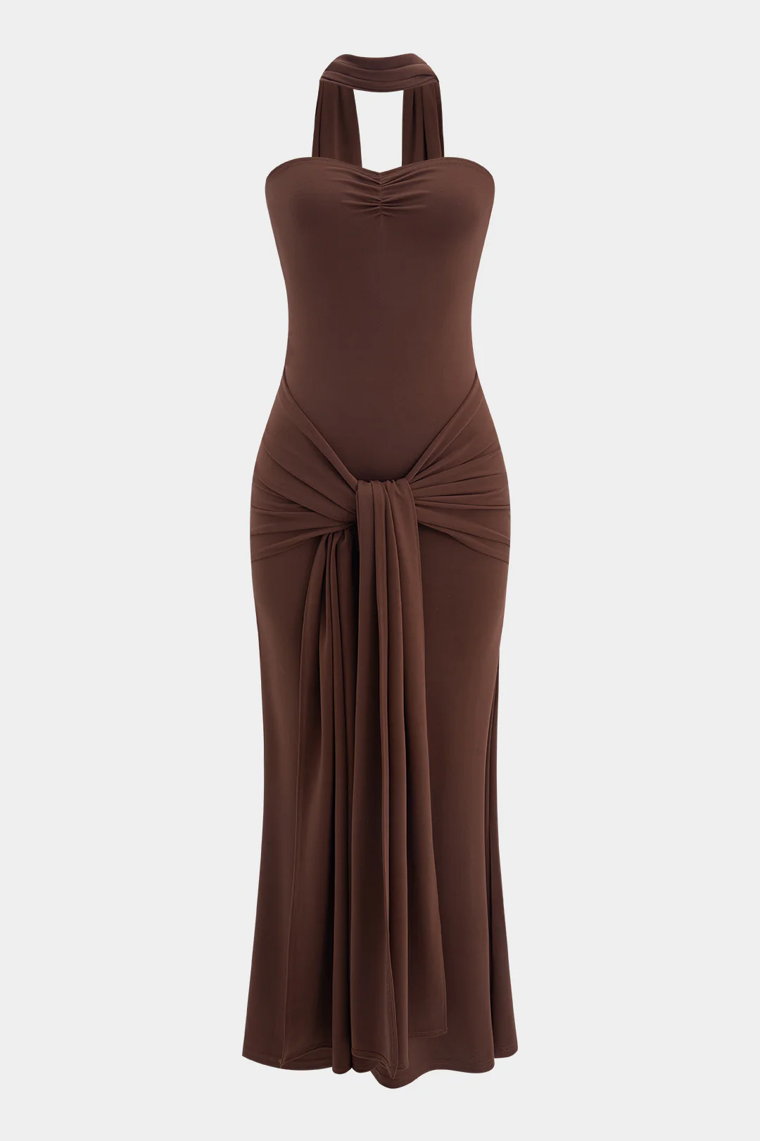 Strapless Sleeveless Ruched Tie Front Maxi Dress With Scarf