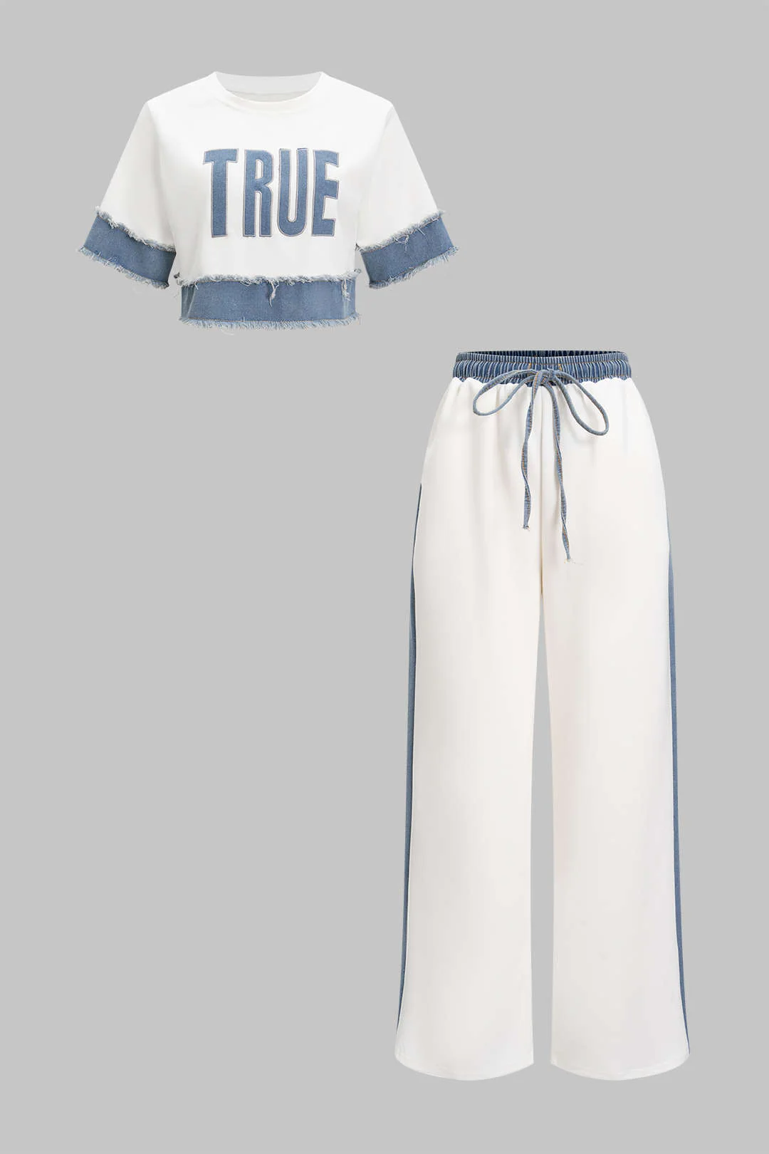 Patchwork Letter Print Frayed Tank Top And Tie-Front Trousers Set