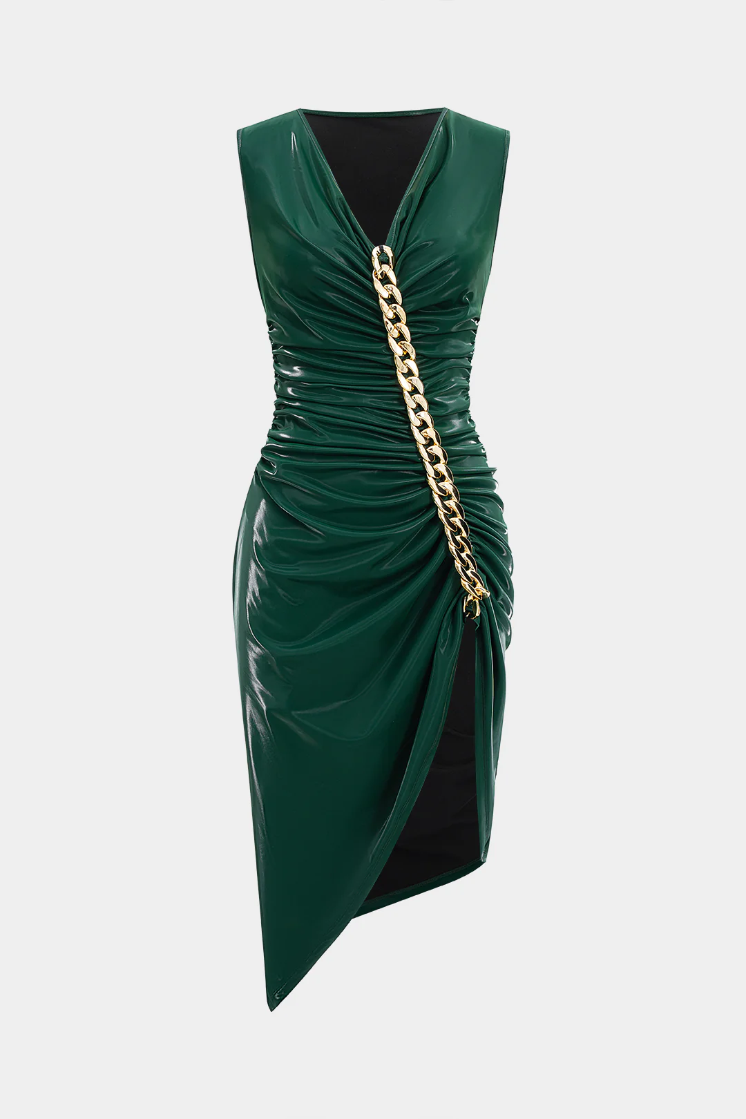 Metallic Ruched Faux Leather Sleeveless Midi Dress