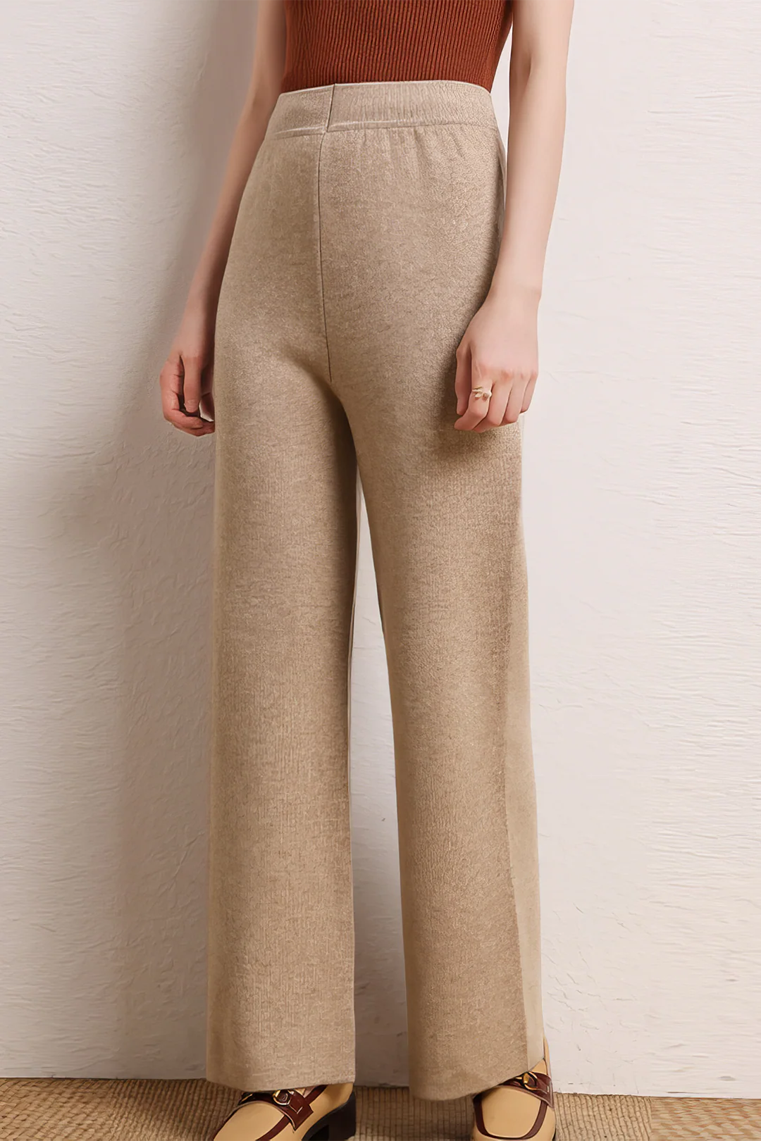 Solid Knitted Wide-Leg Trousers
