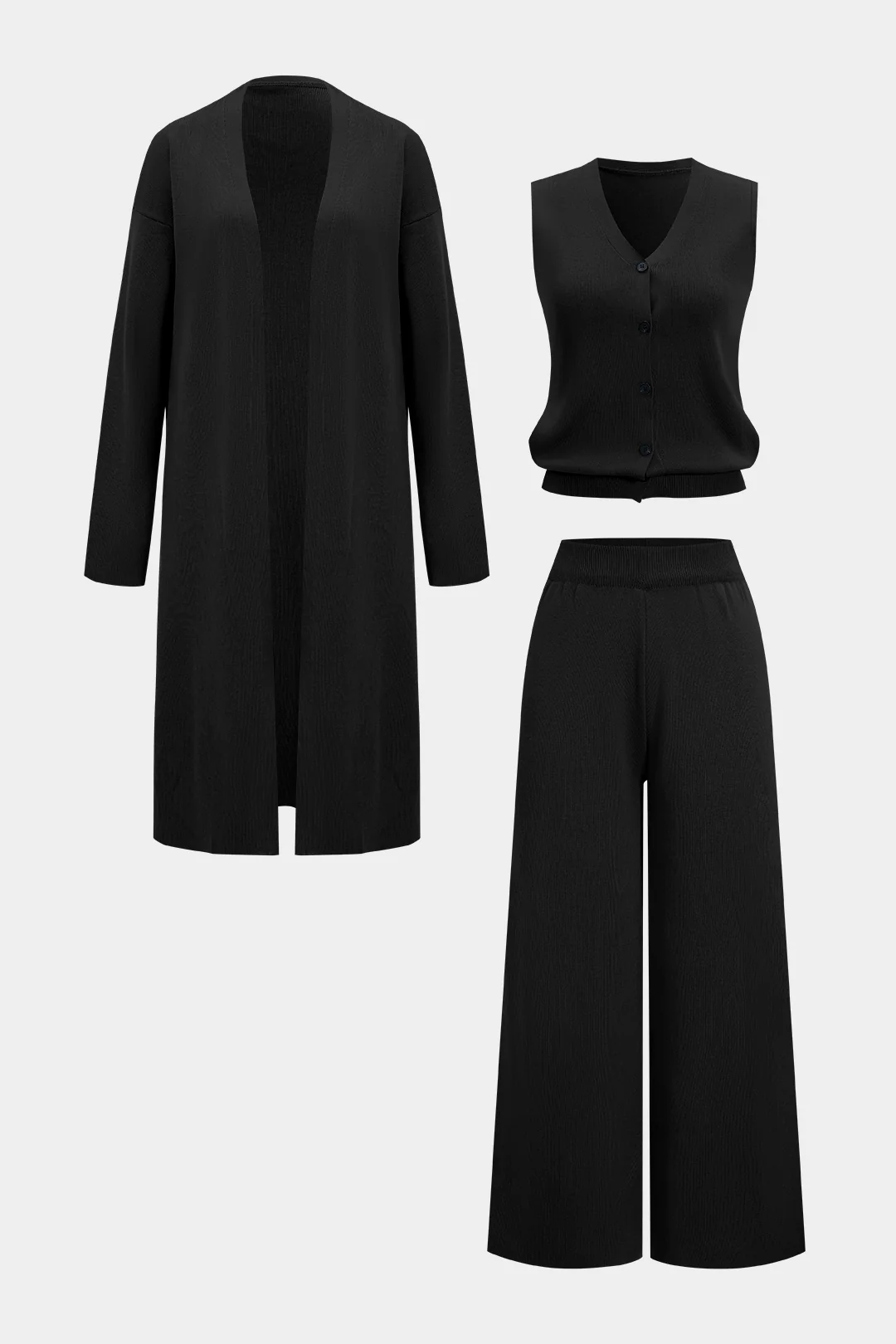 Knit Soid Button Vest And Long Cardigan And Wide Leg Trousers Set
