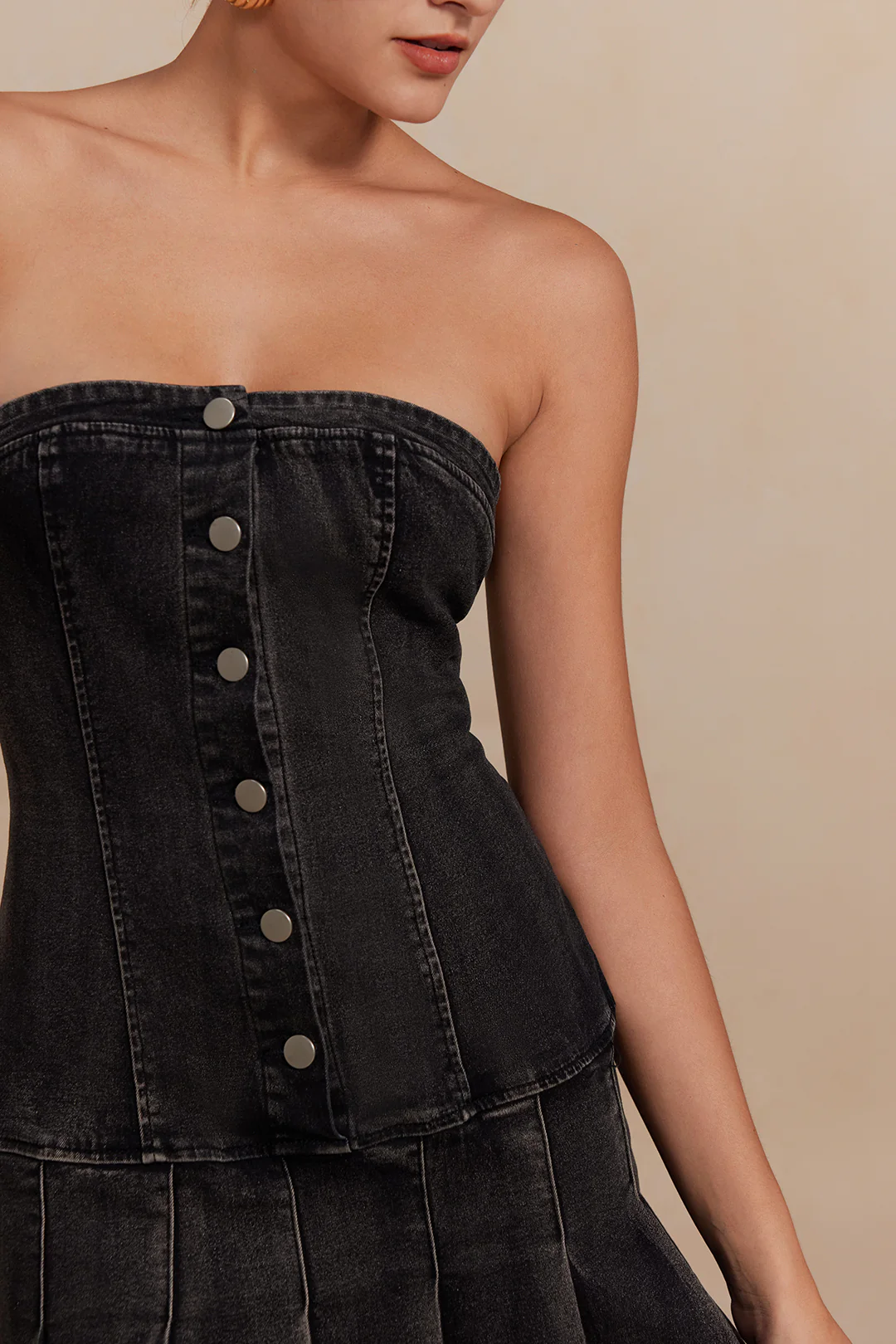Denim Pleated Strapless Mini Dress