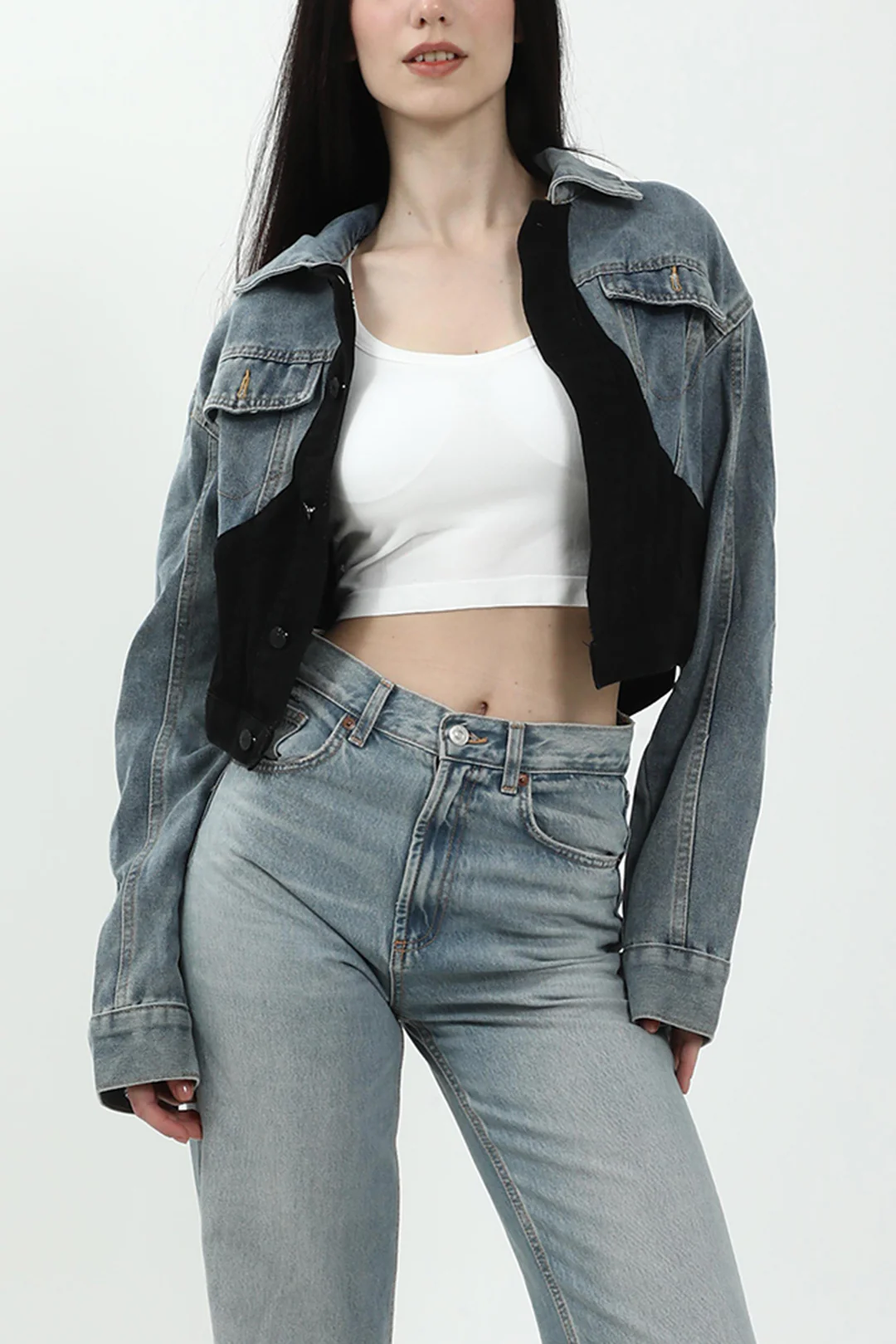 Denim Patchwork Contrast Cropped Jacket