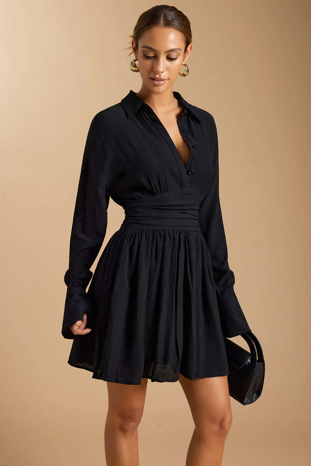 Button-Ruched Long-Sleeve Mini Dress