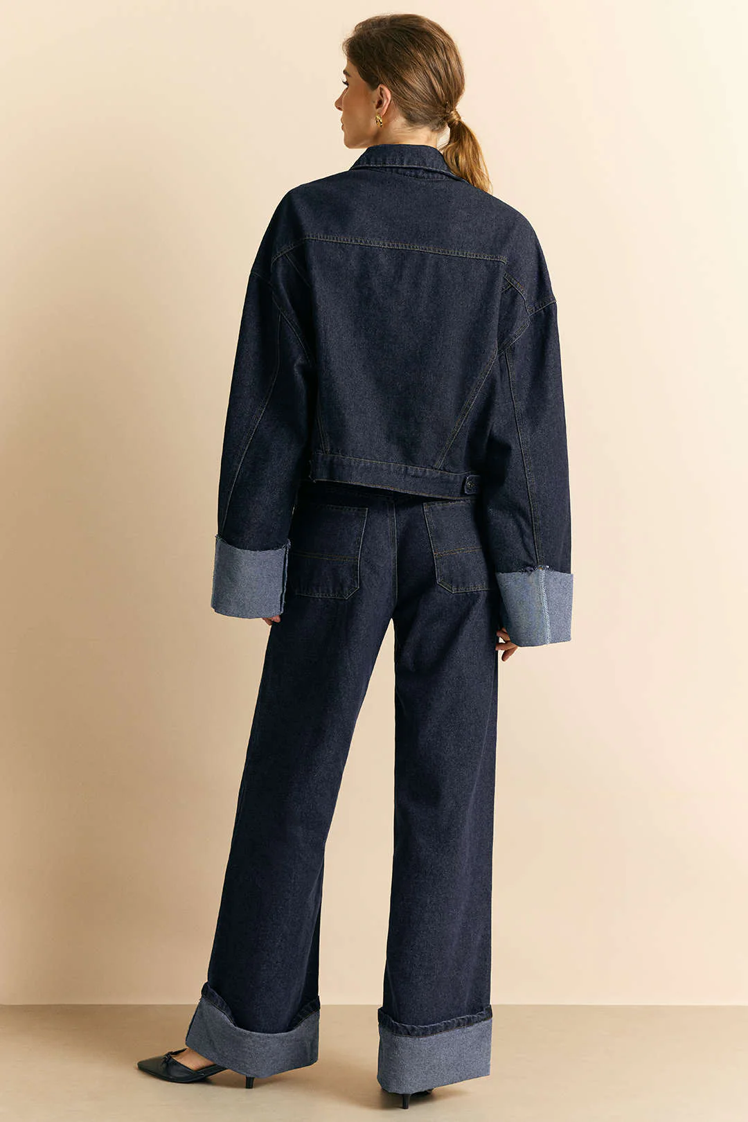 Denim Buttoned Straight-Leg Cuffed Jeans