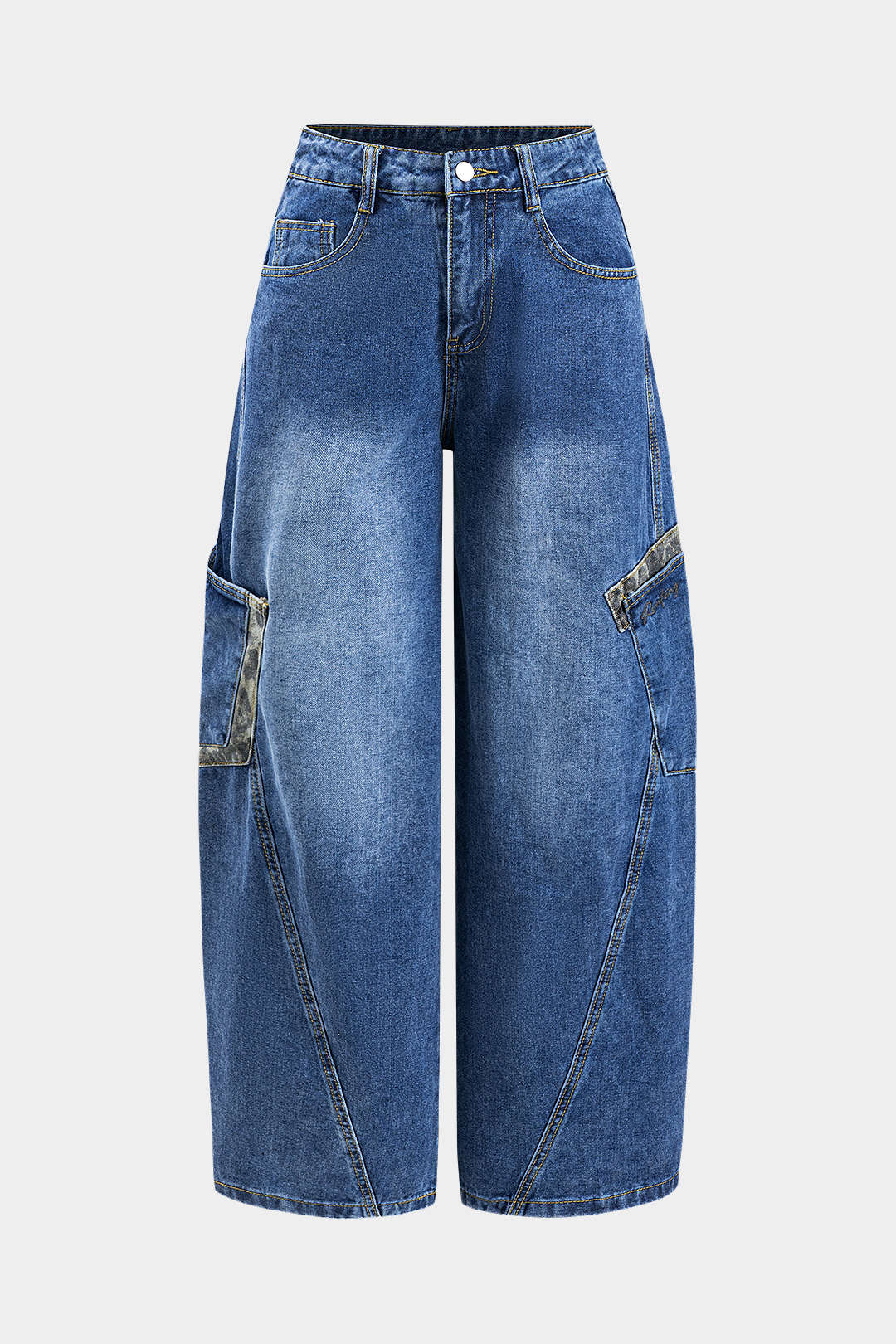 Embroidered Letter Denim Button Pocket Wide-Leg Jeans