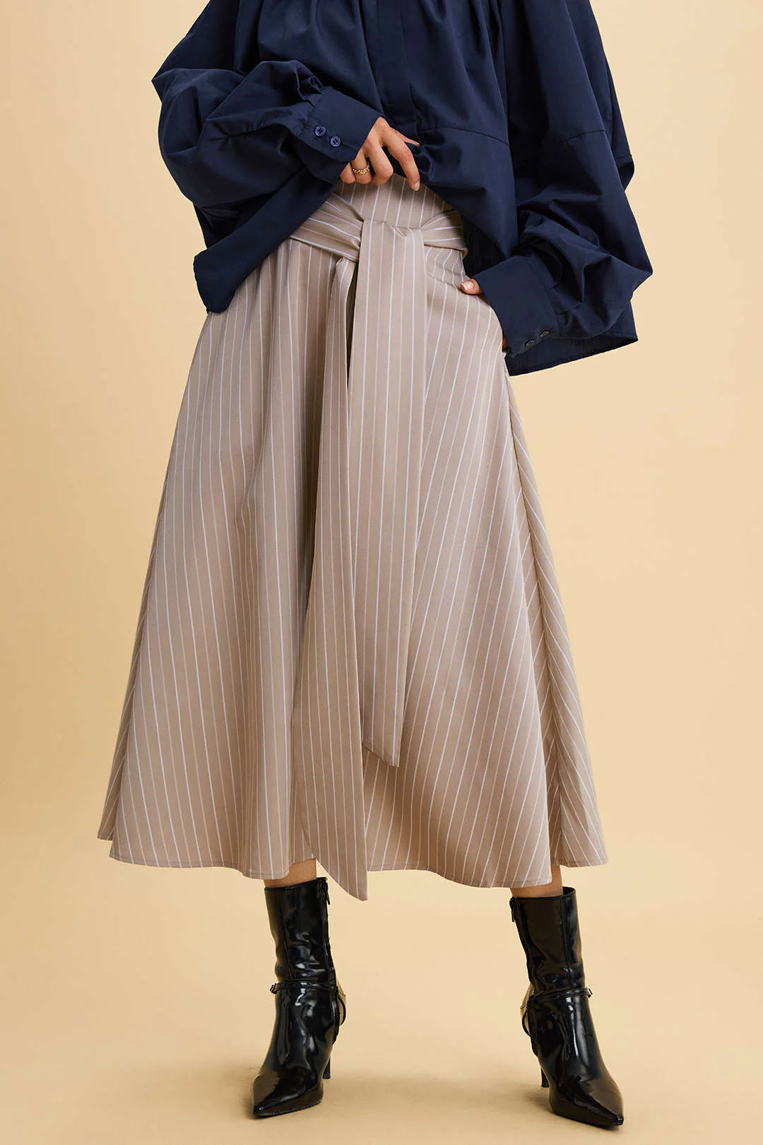 Stripes Print High Waist Tie-Up Skirt