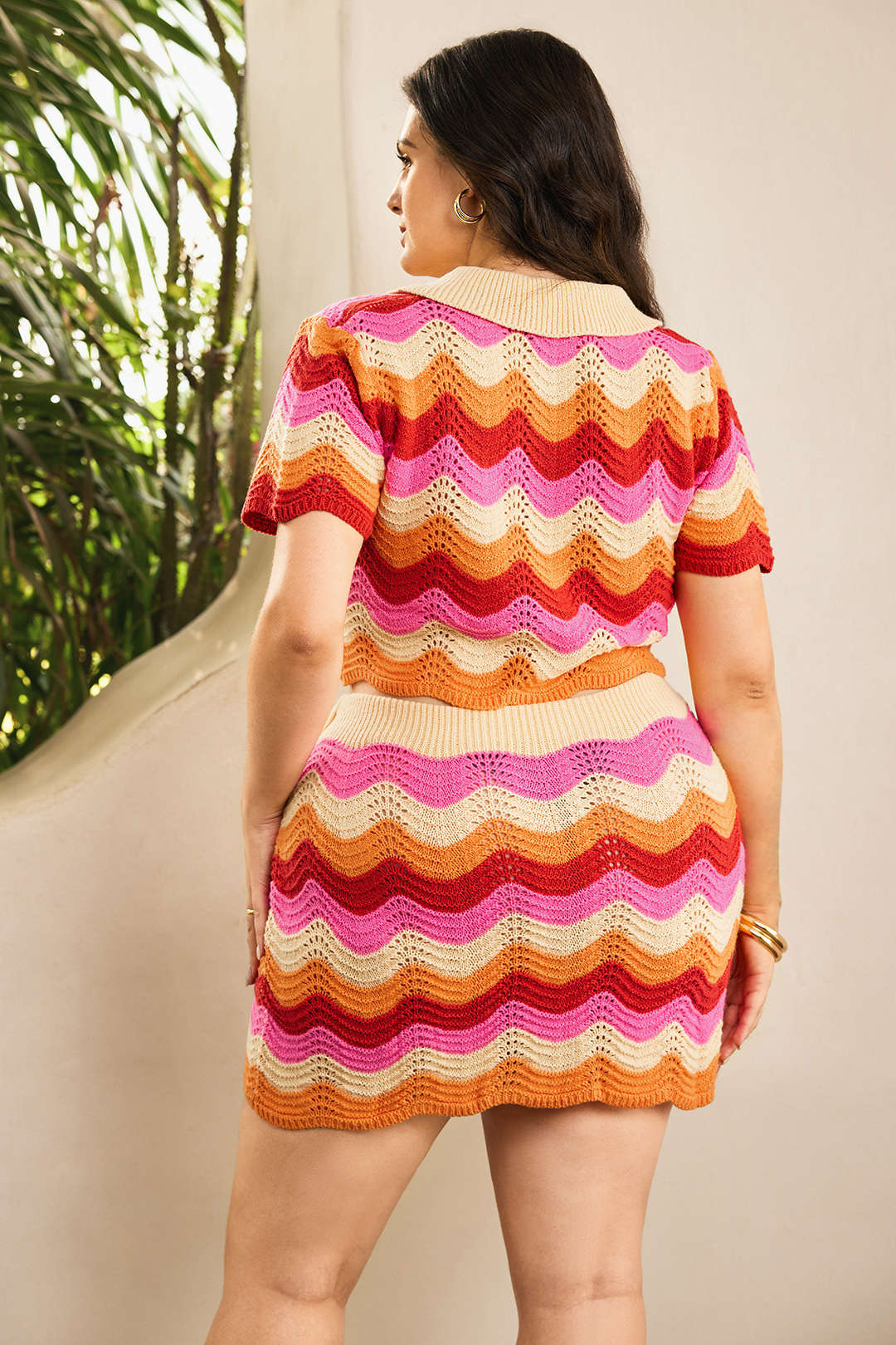 Plus Size Contrast Knit Cut Out Button Short-Sleeve Top