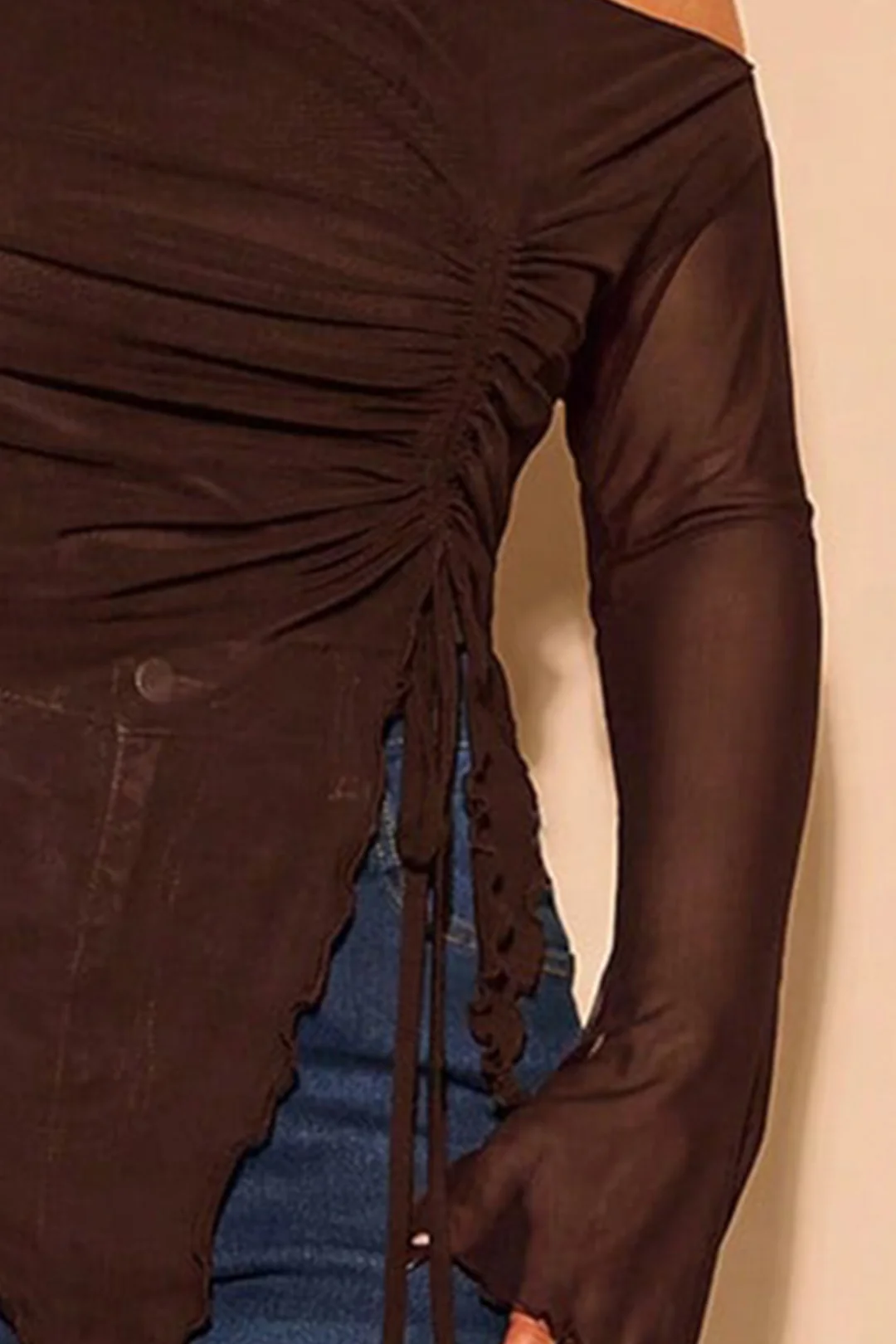 Plus Size Mesh One Shoulder Ruched Long-Sleeve Top