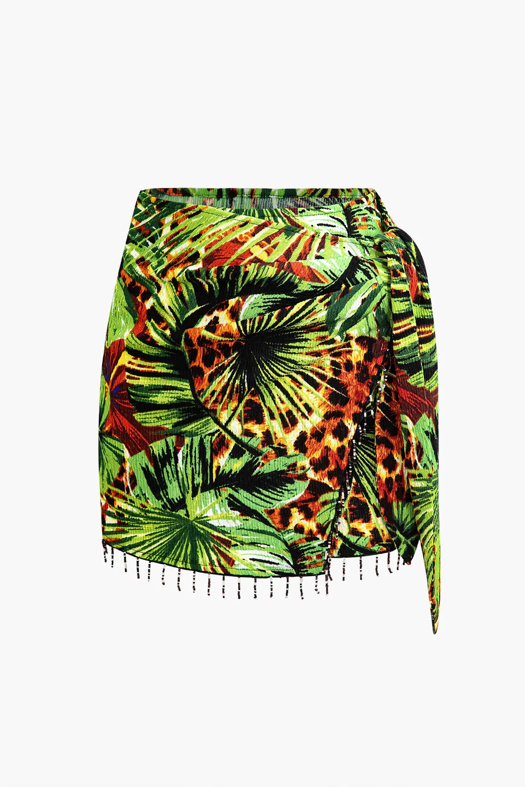 Leaf Print Fringe Knot Mini Skirt