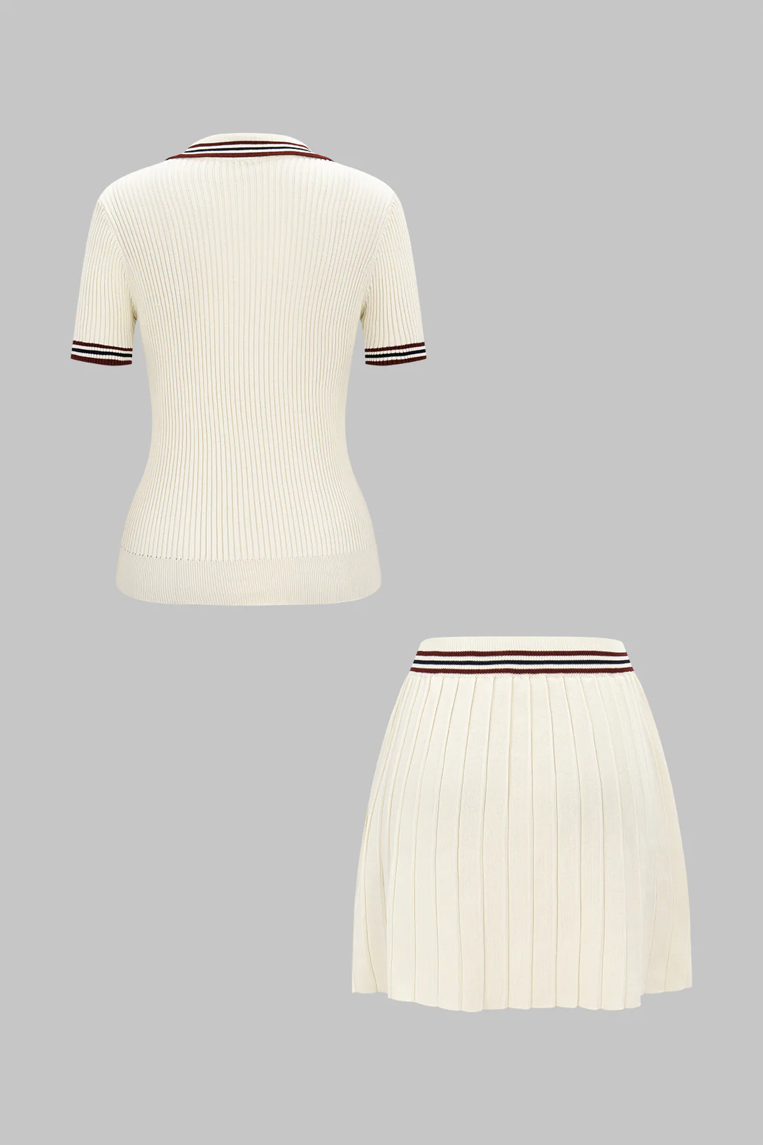Knit Contrast Stripes Button Short-Sleeve Top And Mini Skirt Set