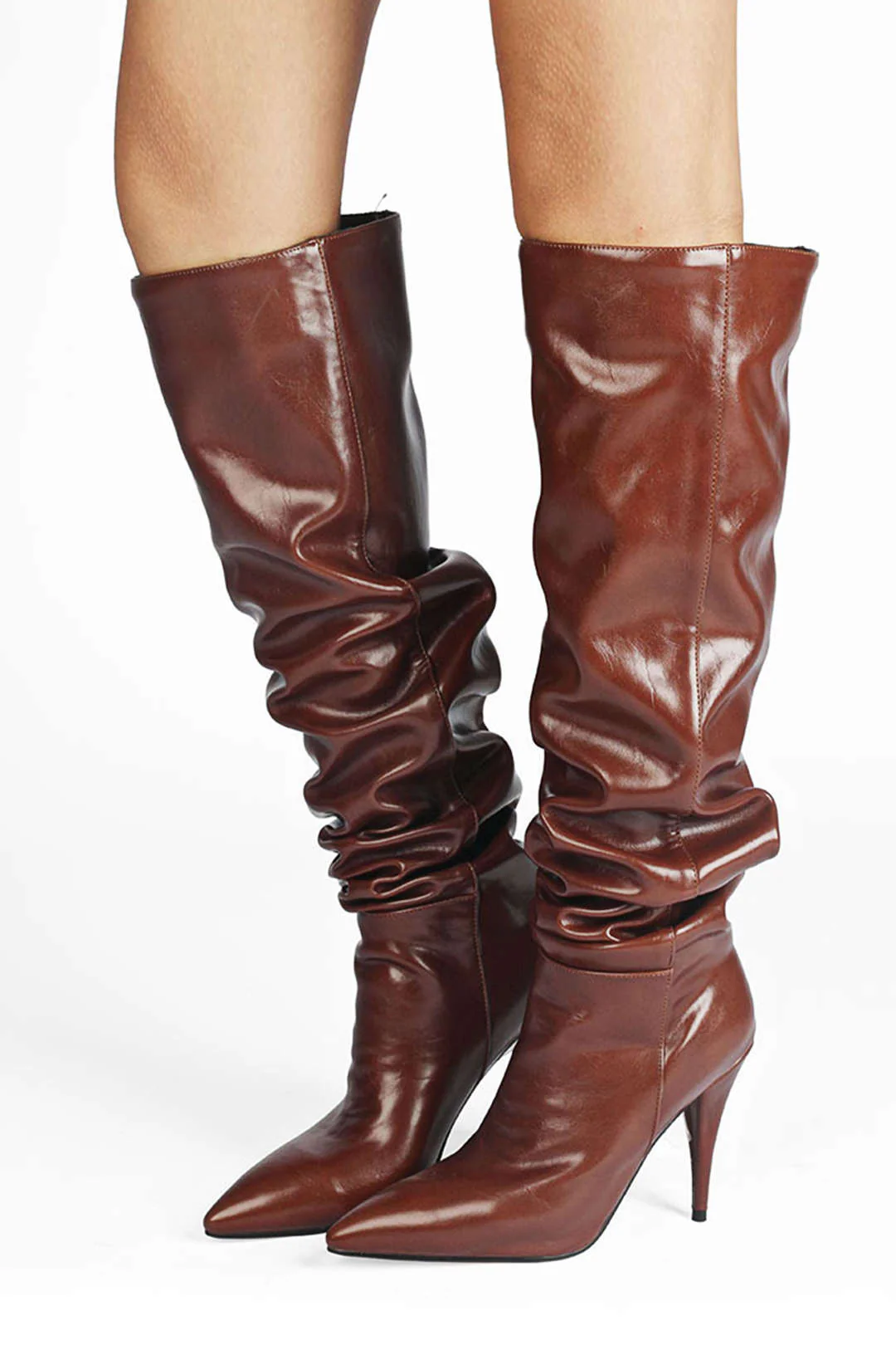 Ruched Faux Leather Pointed Toe Knee-High Boots