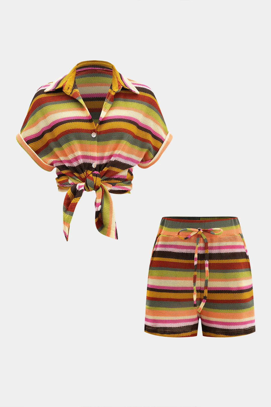 Knit Contrast V-Neck Top and Drawstring Shorts Combo