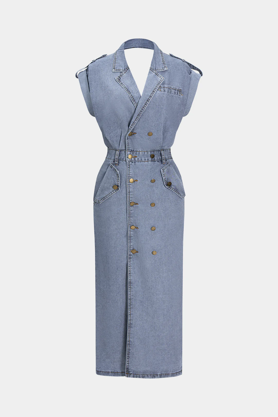Denim Buttoned Shirred Short-Sleeve Dress