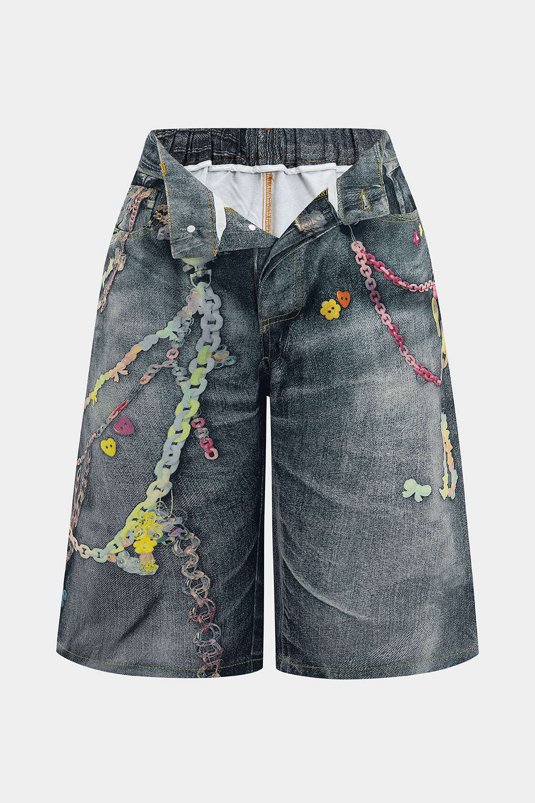 Plus Size Chain Print Denim Wide Leg Shorts