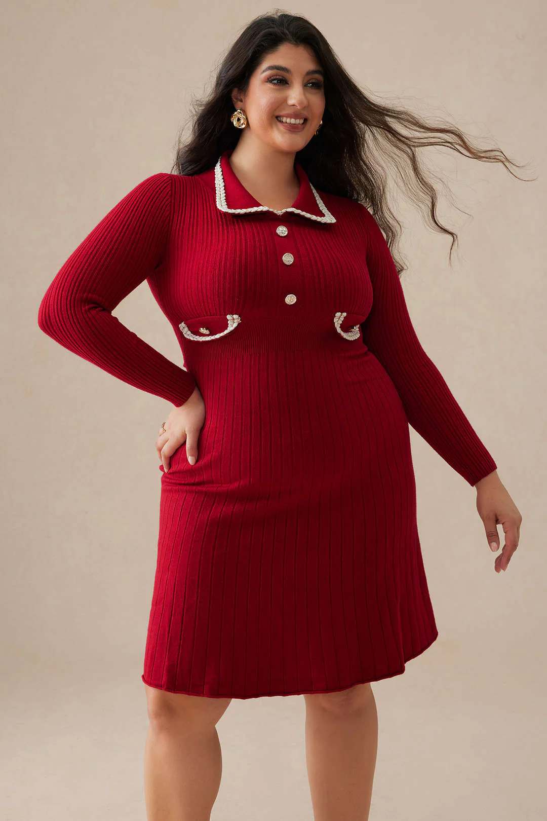 Plus Size Knit Button Fake Pocket Dress