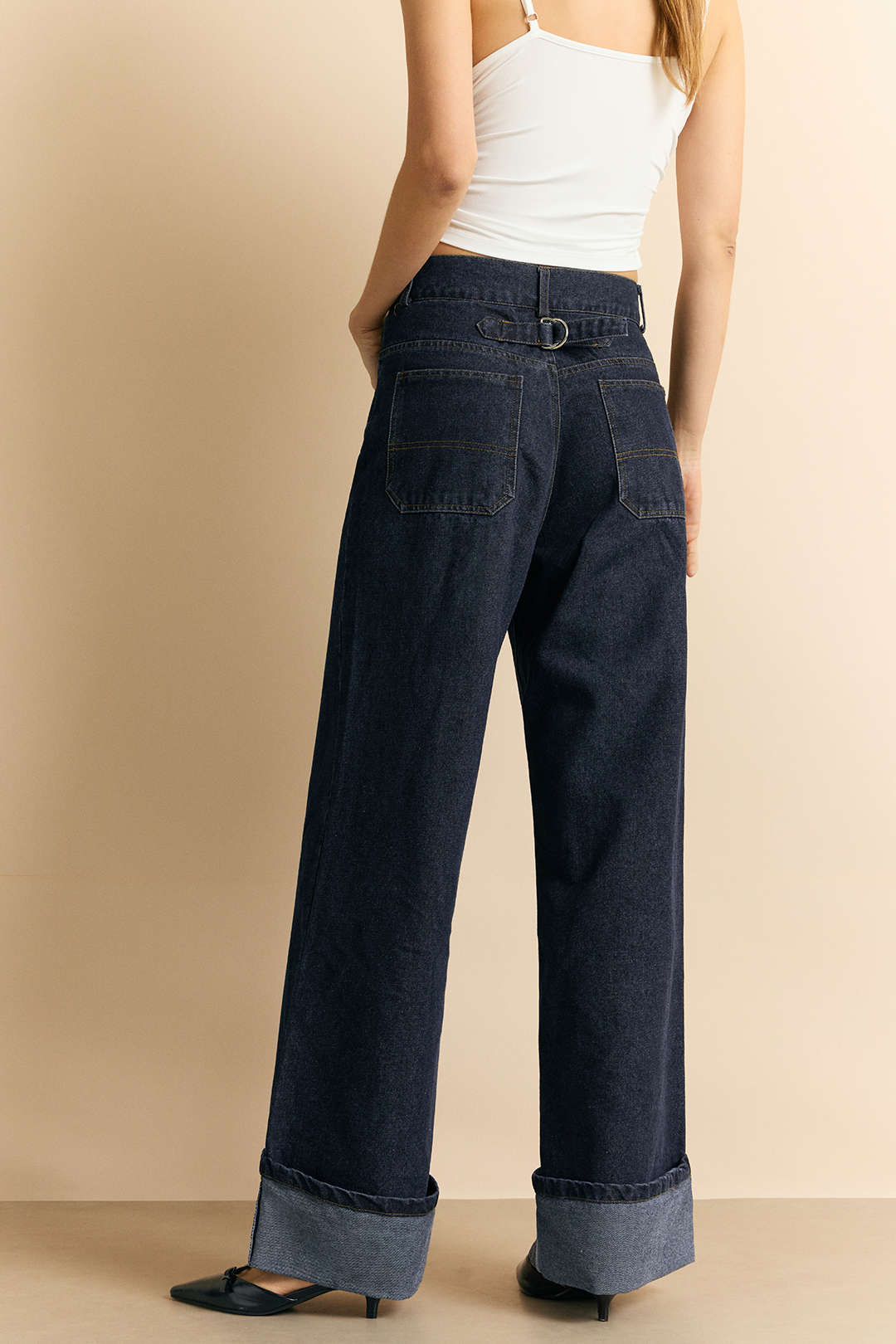 Denim Buttoned Straight-Leg Cuffed Jeans