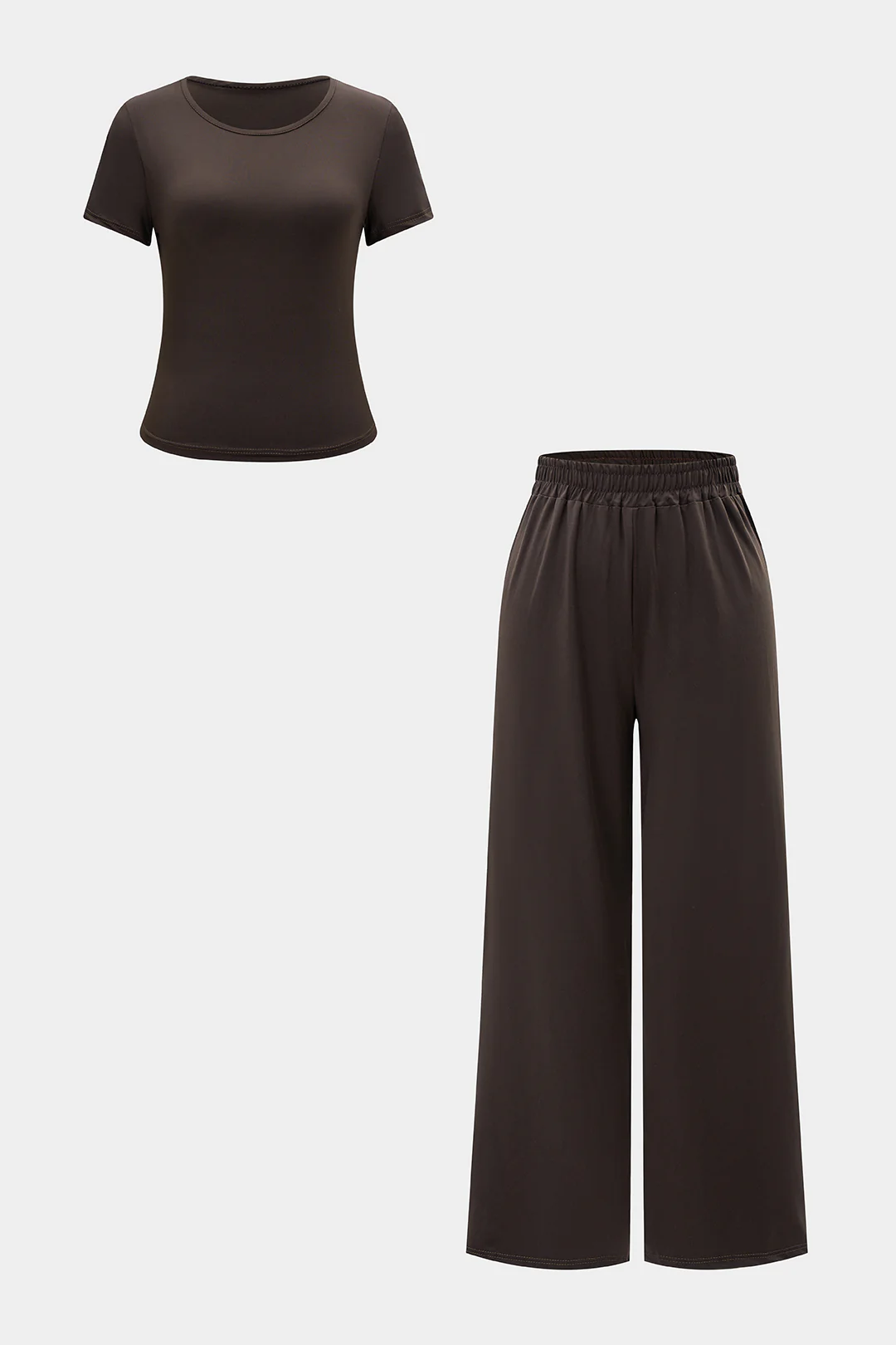 Solid Basic Short-Sleeve T-Shirt And Ruched Wide Leg Trousers Set