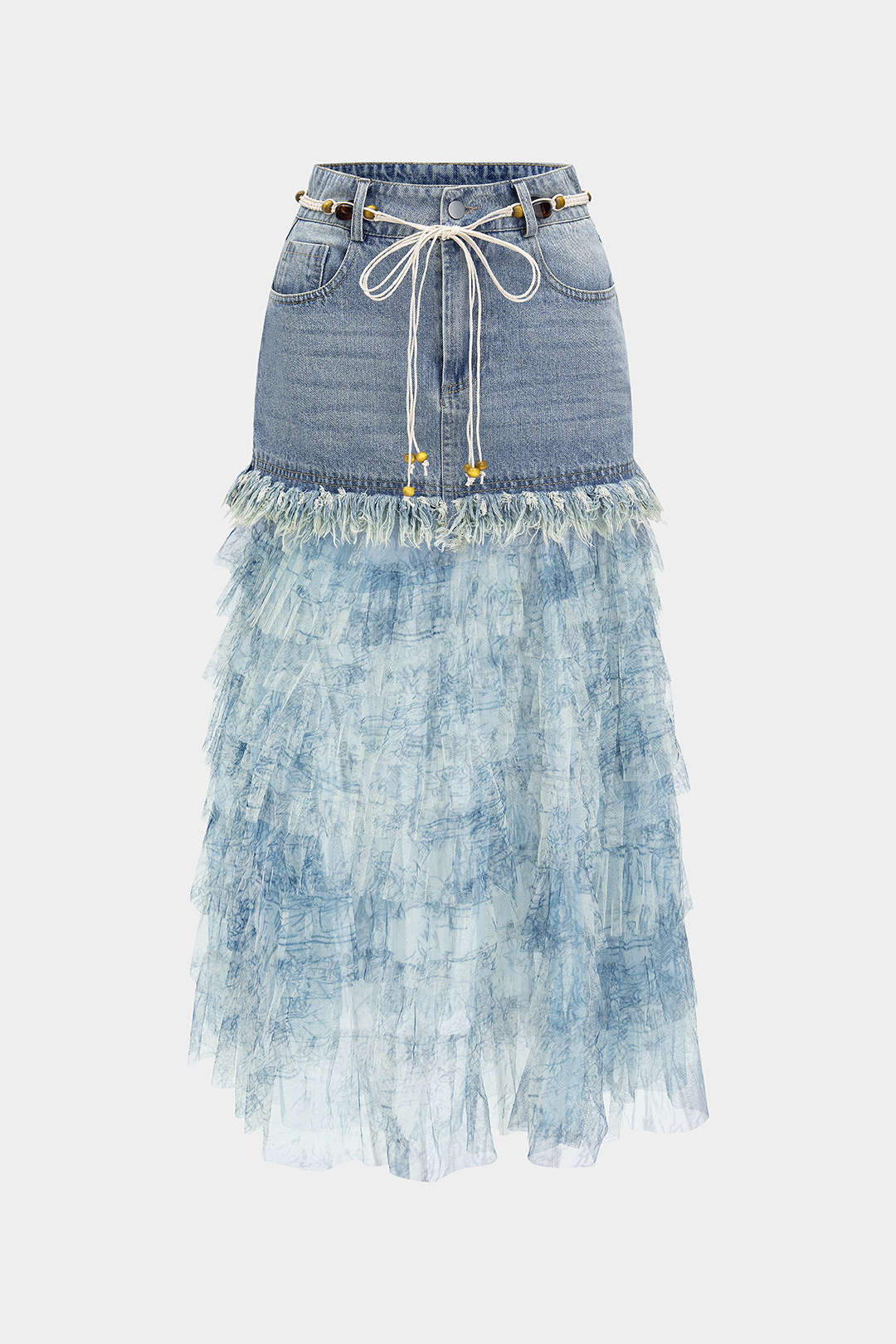Frayed Mesh Patchwork Belted Denim Skirt