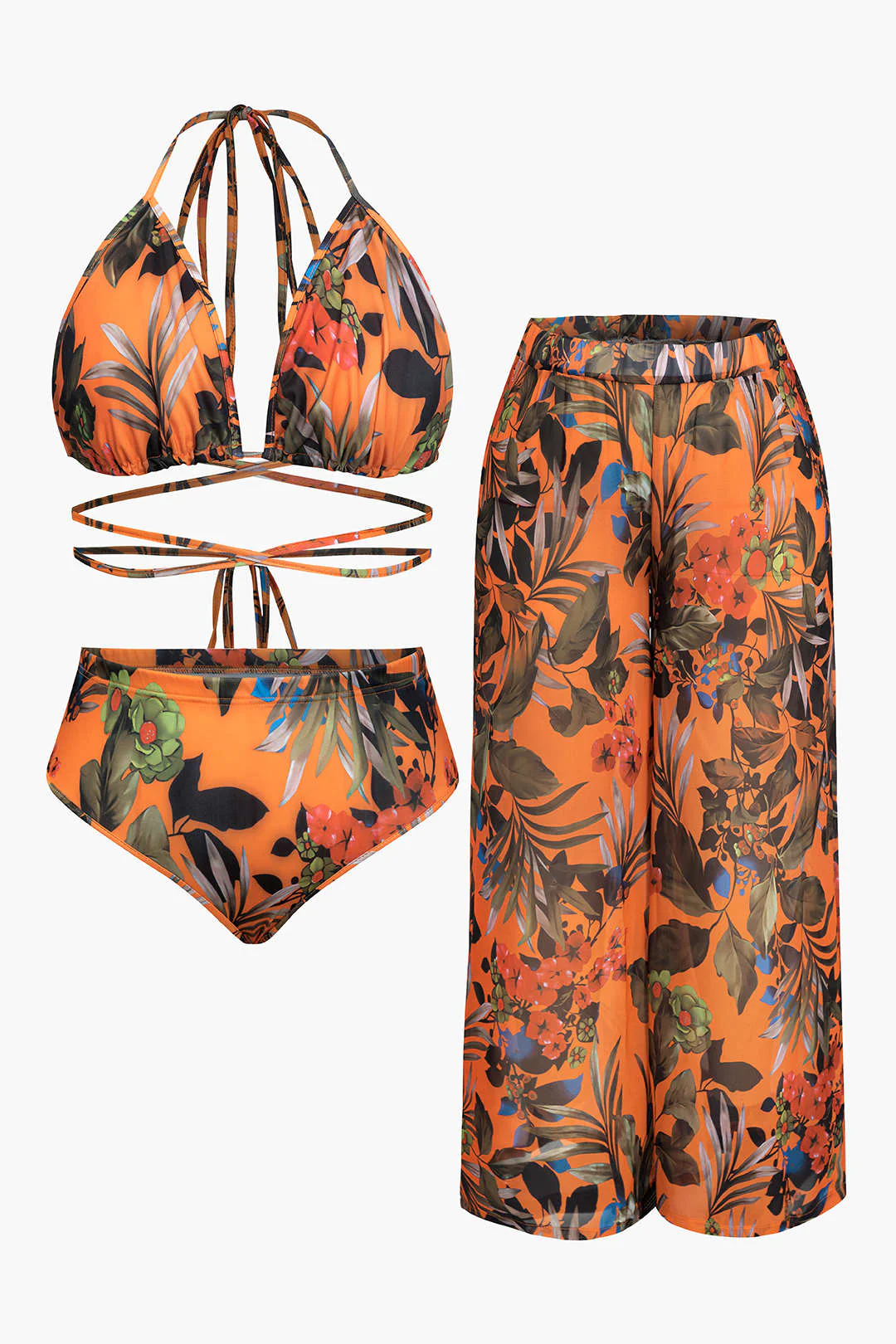 Plus Size Floral Print Bikini and Wide-Leg Pants Combo