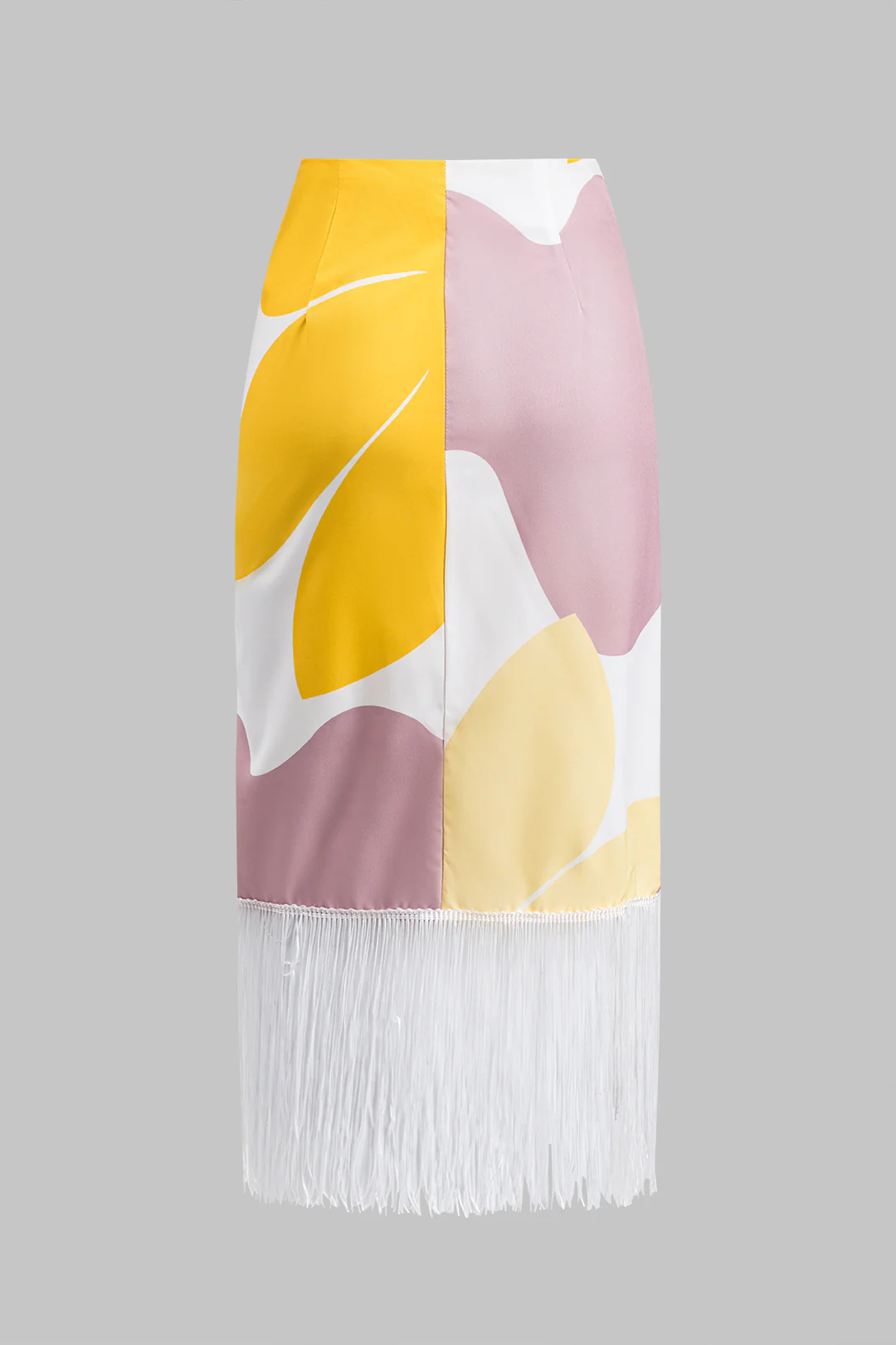 Abstract Print Ruched Asymmetric One-Shoulder Long Sleeve Top and Fringe Skirt Set