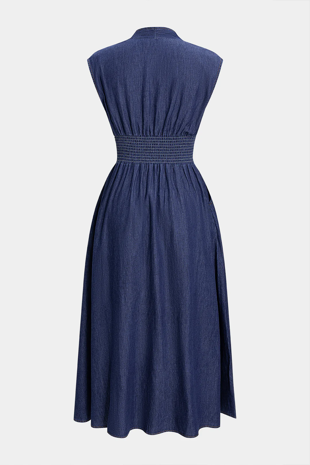 Denim Shirred Ruched V-Neck Sleeveless Zipper Dress