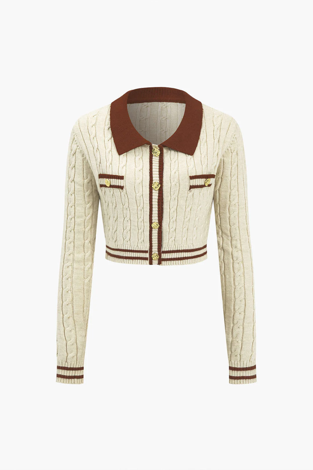 Color Block Knit Button with Fake Pockets Long Sleeve Top