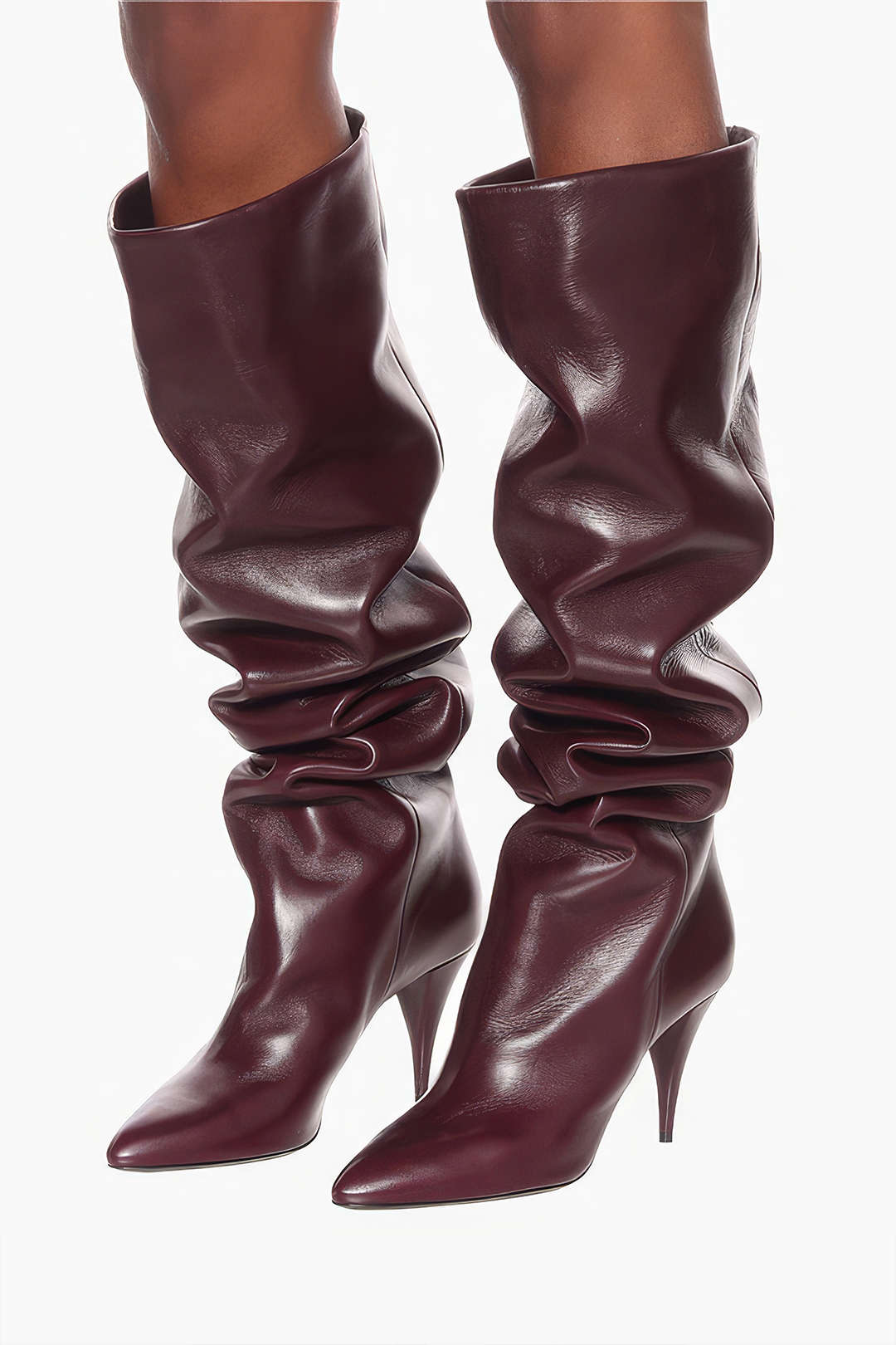 Ruched Faux Leather Pointed Toe Knee-High Boots