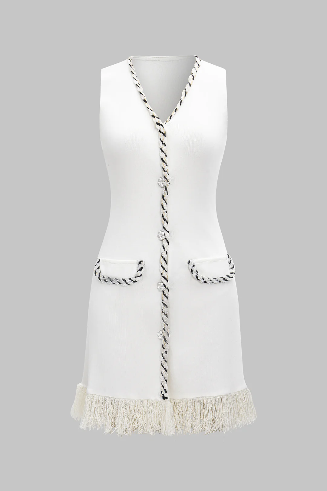 Knitted V-Neck Sleeveless Fringe Tank Dress