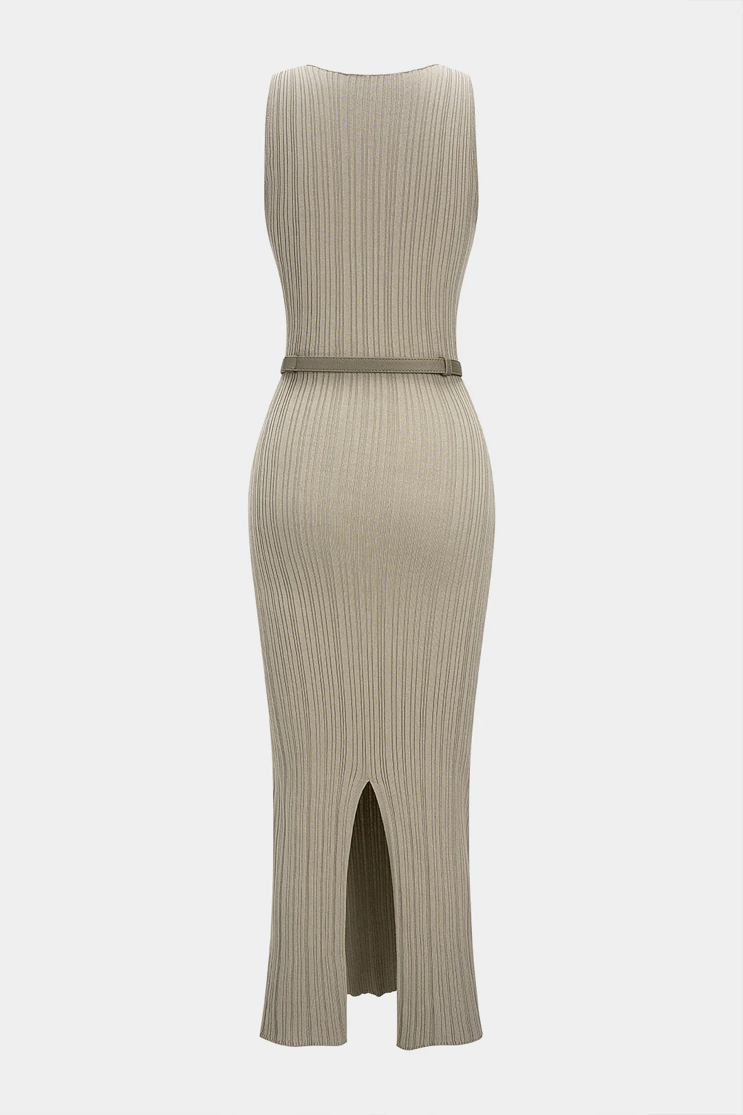 Knit Ribbed Belted High Slit Sleeveless Dress
