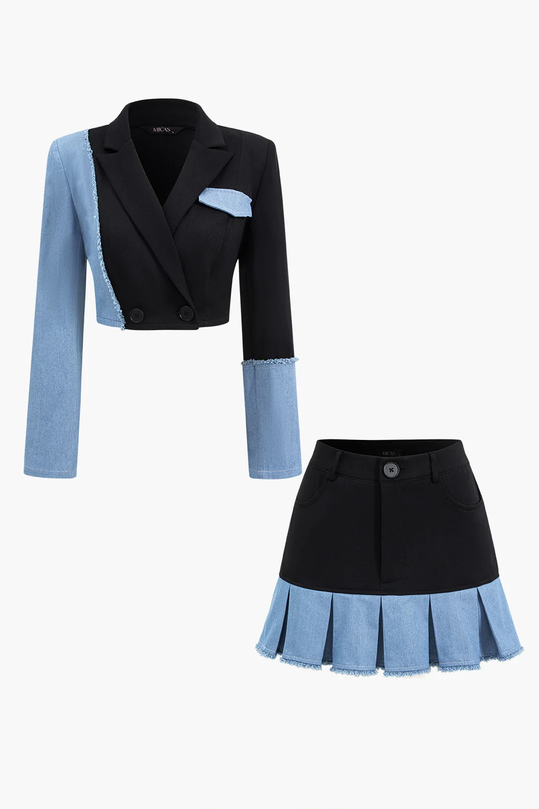 Patchwork Denim Notched Lapel Blazer and Skirt Ensemble