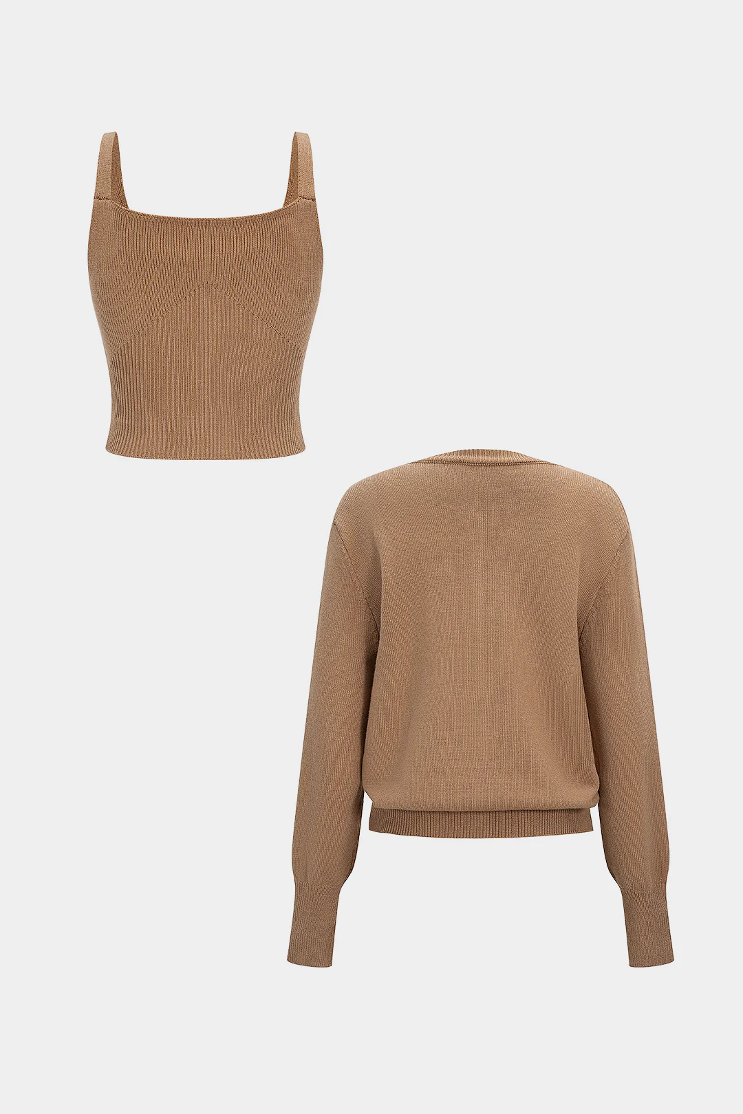 Knit Ribbed Cami Top And Round Neck Button Cardigan Set