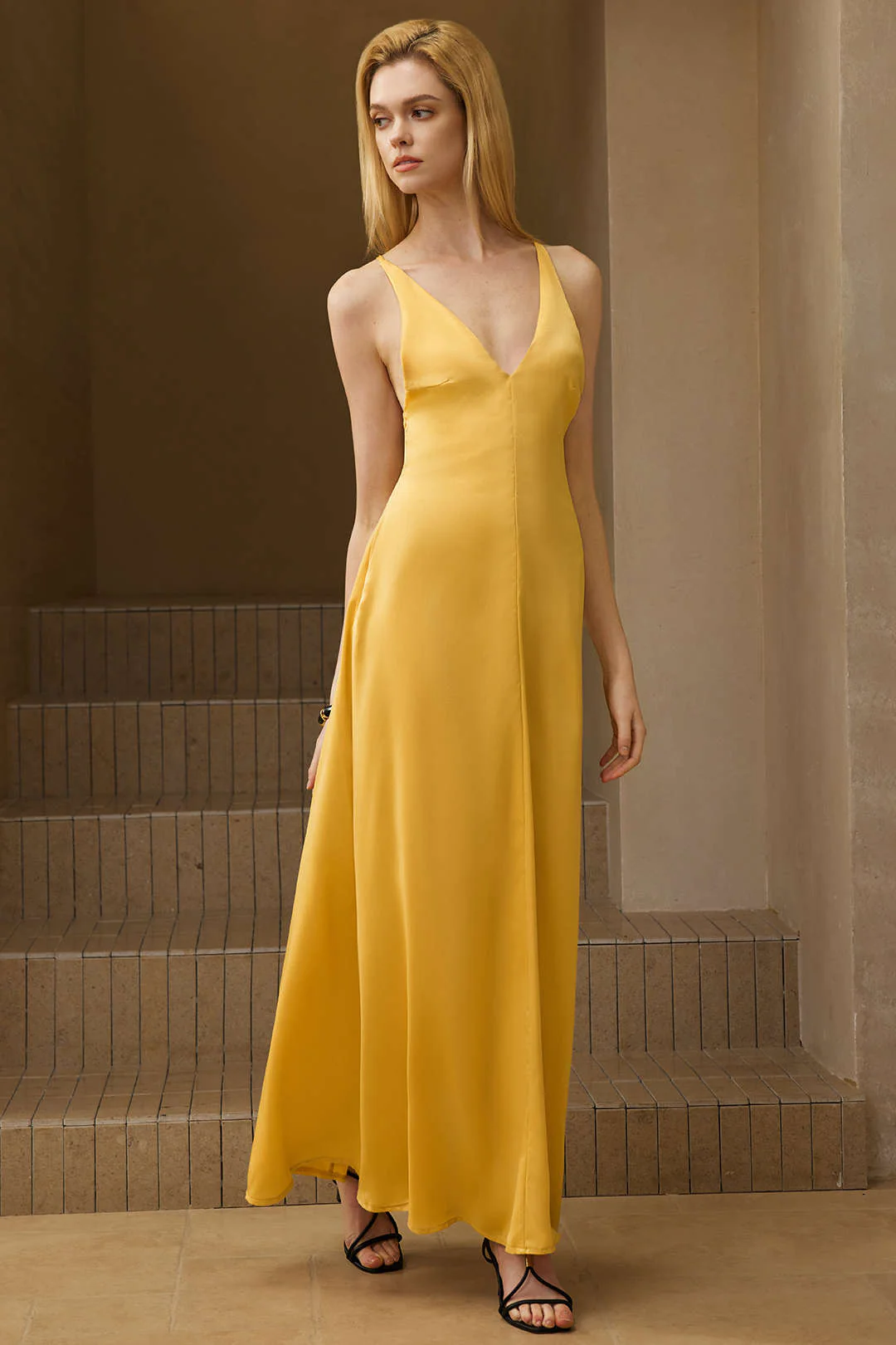 Satin Backless V-Neck Beaded Sleeveless Maxi Dress